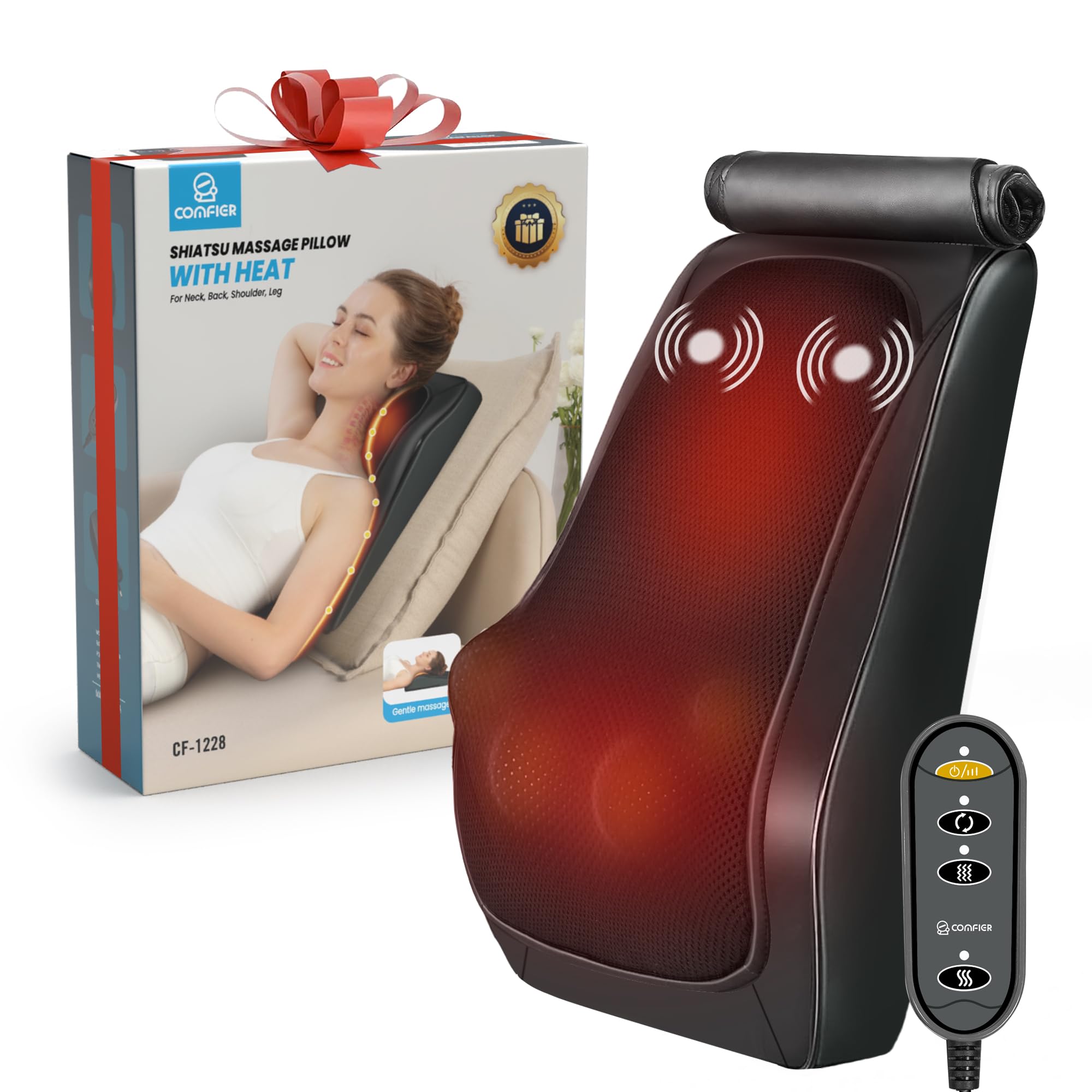 COMFIER Back Neck Massager with Heat, Shiatsu Lower Back Massager for Pain,4D Deep Tissue Electric Massage Pillow for Office Home Use, Gifts for Women Men