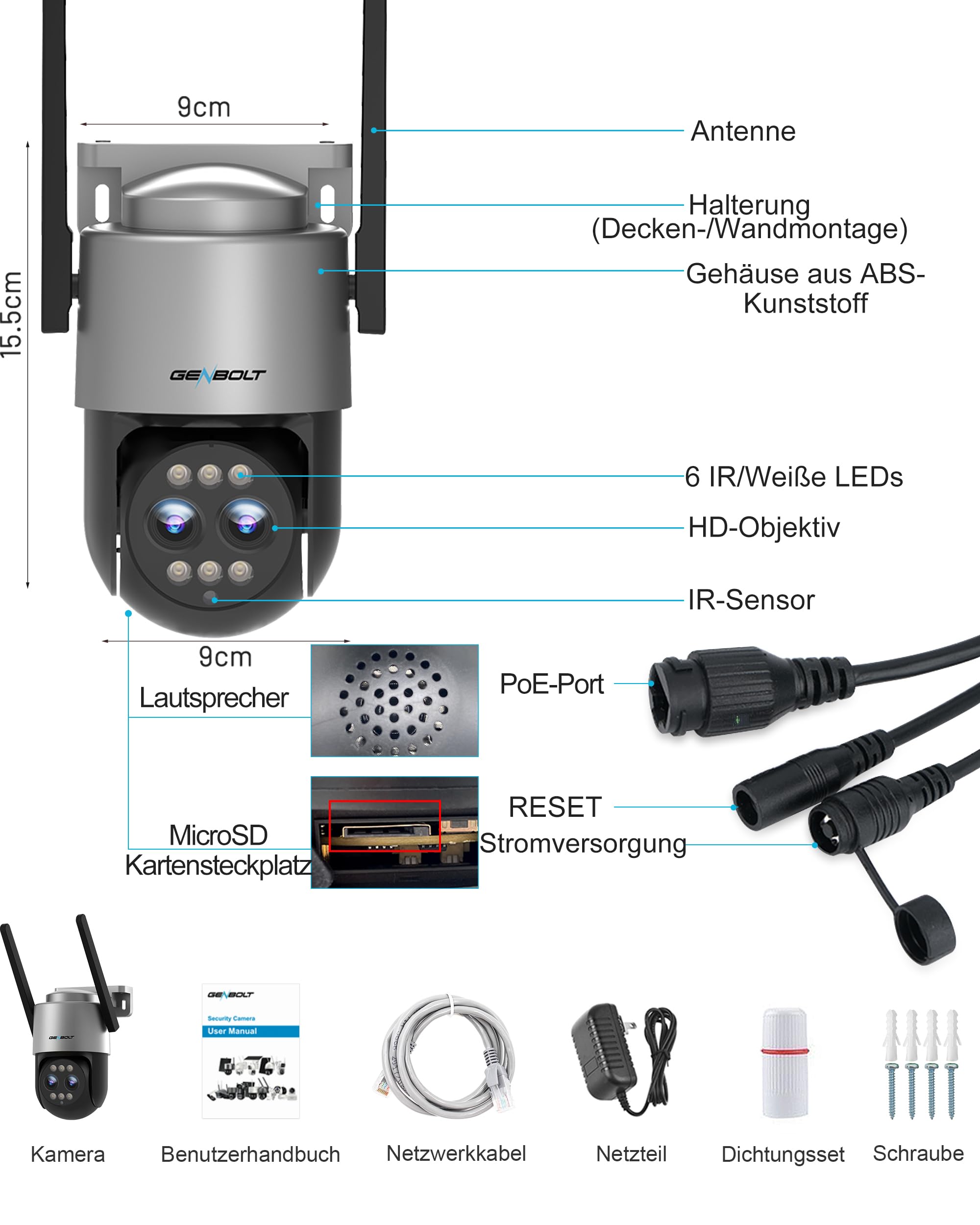 GENBOLT 2,5K PTZ WiFi Überwachungskamera für den Außenbereich mit PoE,Dual-Linsen CCTV Heim-Überwachungskamera mit 10X Hybrid Zoom,IP-Kamera mit Farbnacht 4MP,automatische Verfolgung(2,4&5GHz)