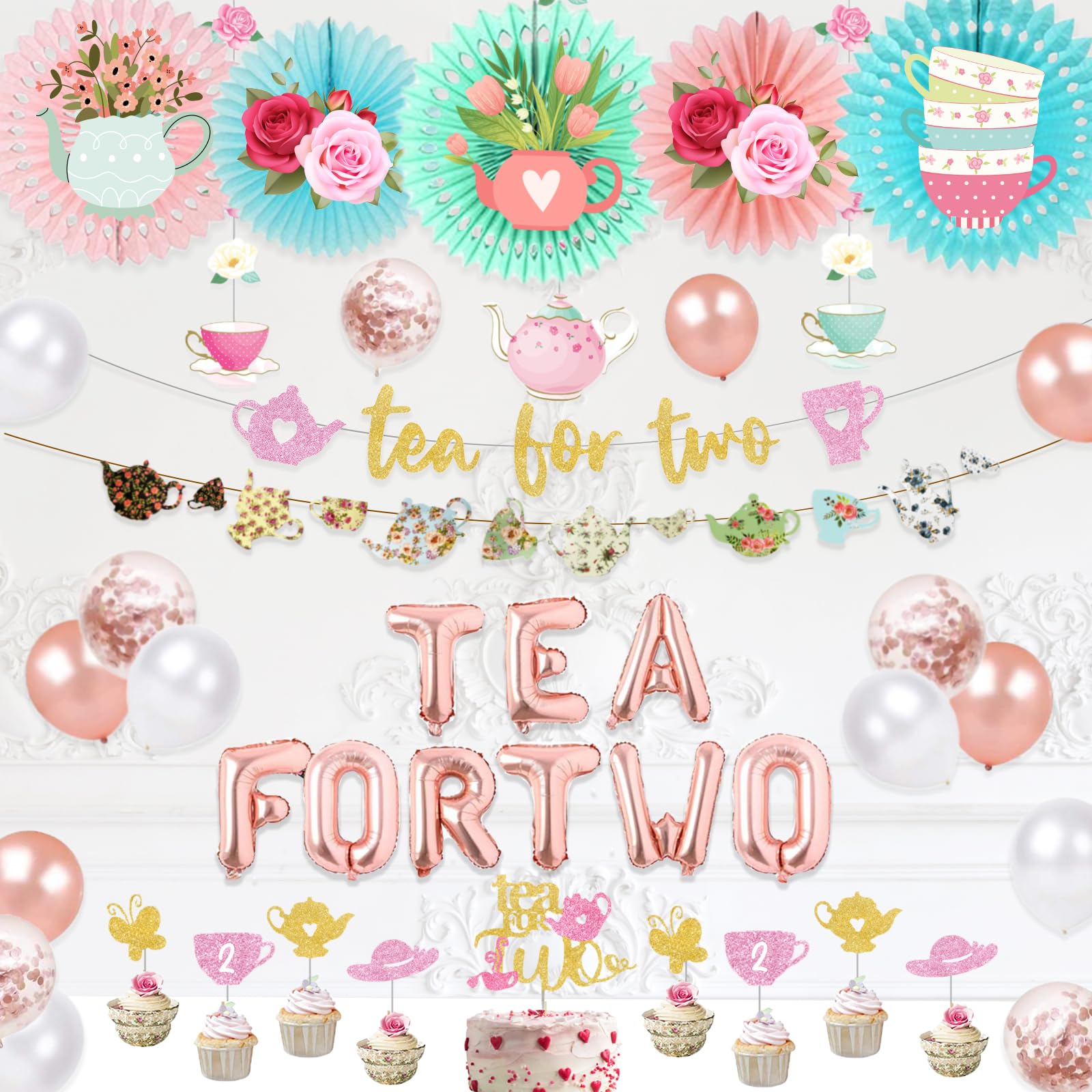 Faccito Teeparty Banner – 5 Stück, Doppelseitig – Vintage-Blumen-Deko Für Geburtstag & Hochzeit