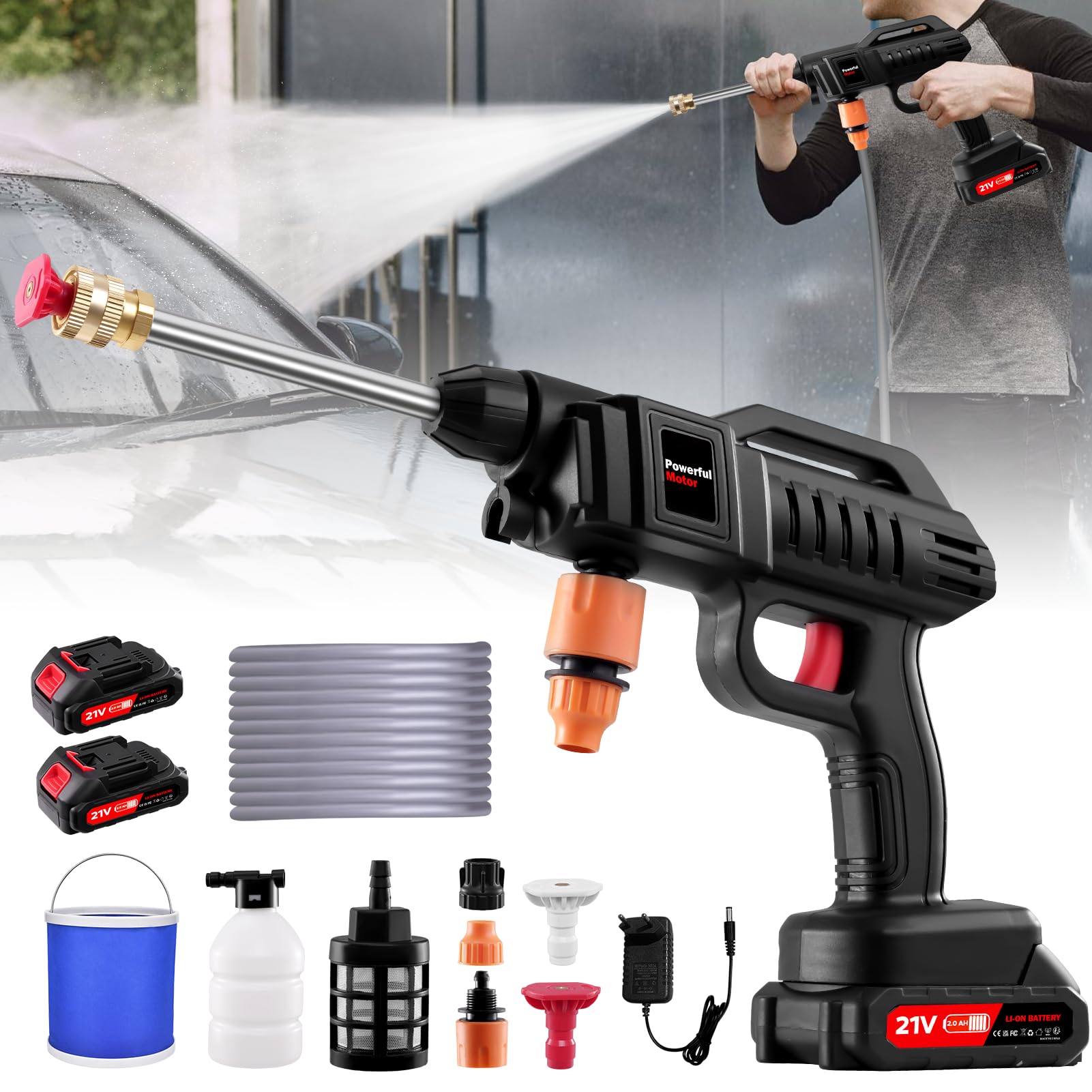 Cordless Pressure Washer,60Bar/870 PSI High Power Washers,1500W 21V Portable Pressure Washers with 2 Nozzles,2 Batteries,5m Hose,Bucket,Electric Washer for Car Floor Gardening Cleaning