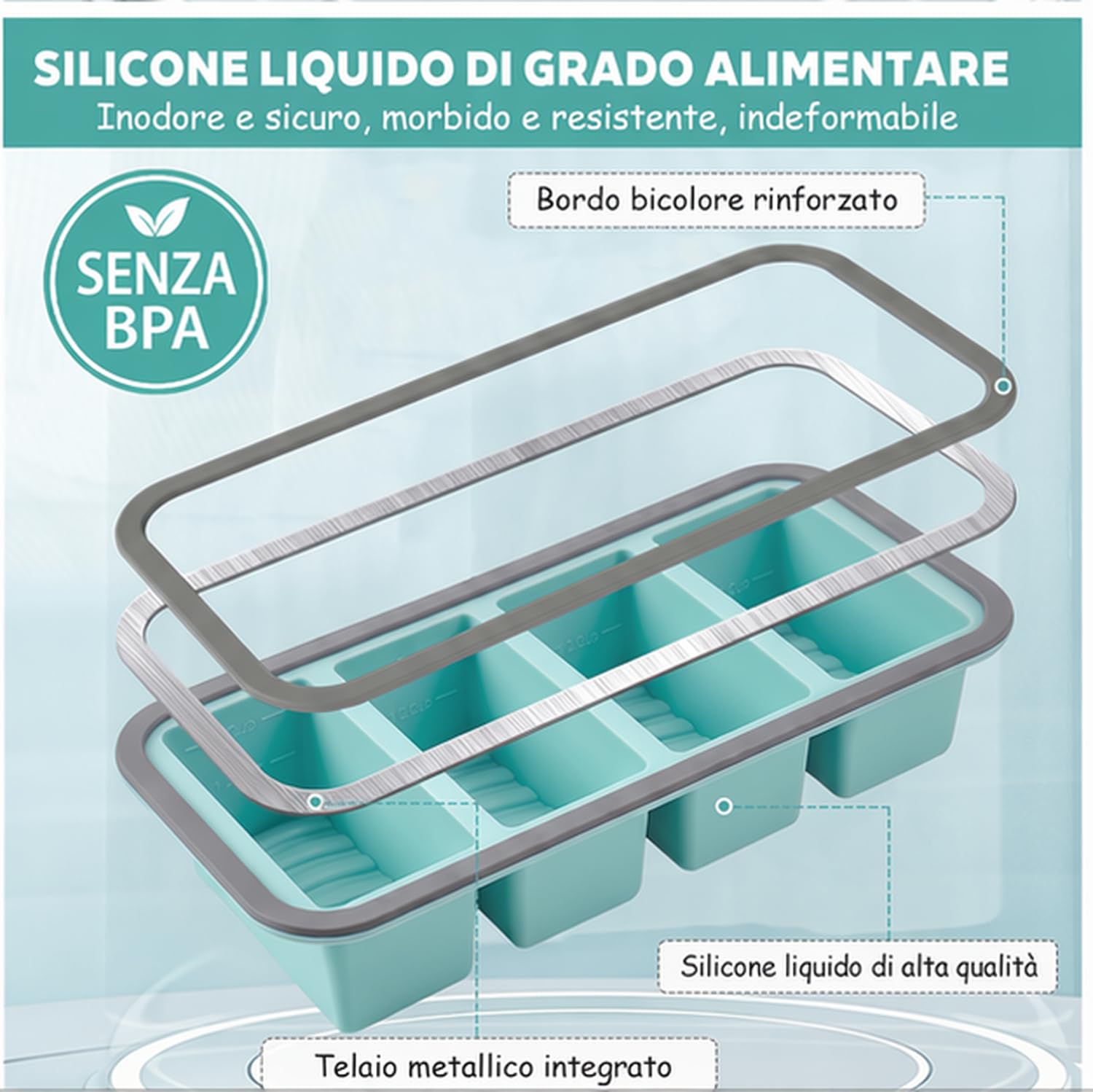 Set di 2 Contenitori Silicone per Freezer, Senza BPA 4 Cavità Contenitore Ghiaccio Freezer con Coperchi per Zuppe, Brodo, Salse e Cubetti Di Ghiaccio (1000 ml)
