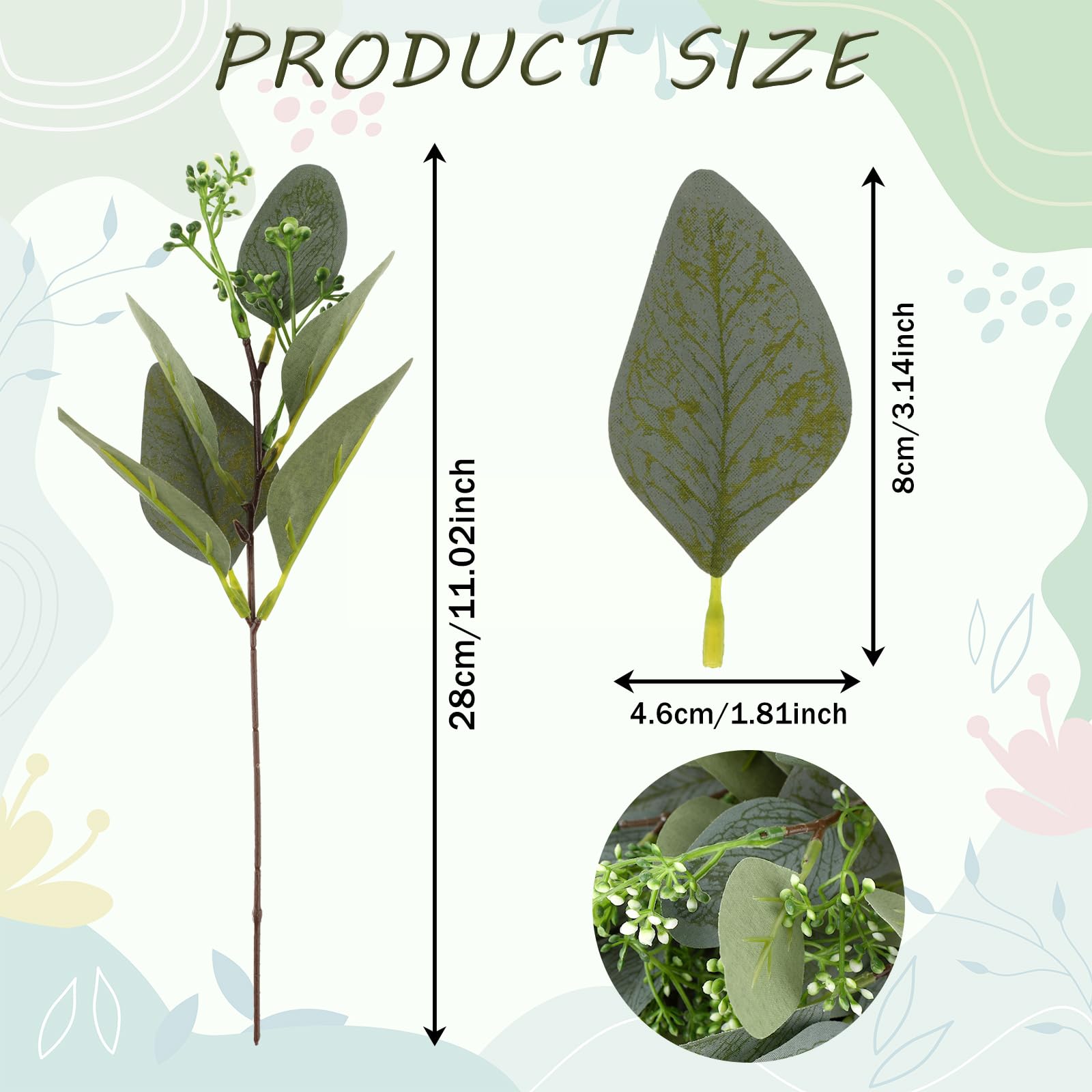 Jeffdad Künstliche Eukalyptus Pflanzen Zweige, 12 Bündel Simulation Grüner Eucalyptus Hinterlässt Zweige Eukalyptus Pflanze Künstliche Pflanzen Dekorative Kunststoff Efeu Pflanzen (Grün mit Blumen)