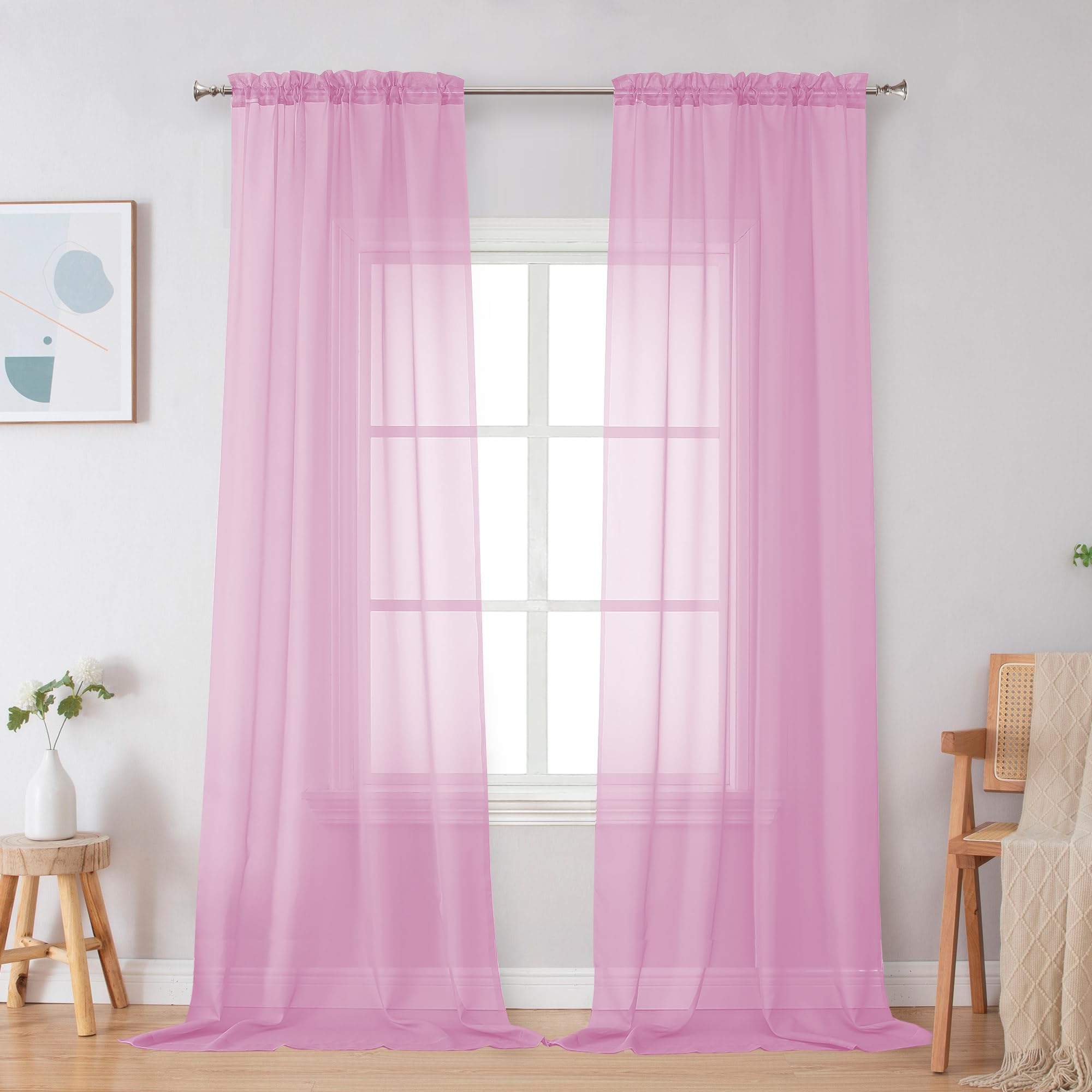 Simplebrand Pink Sheer Curtains 96 Inches Long 2 Panels for Living Room