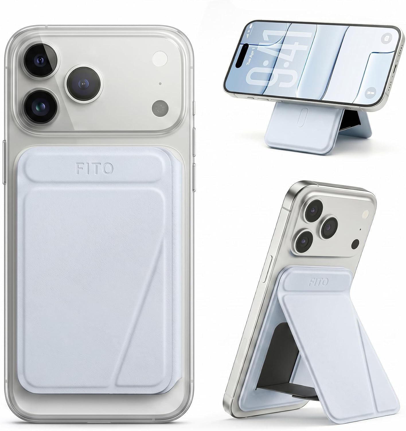 FITO for MagSafe Wallet Stand, 3 Card Holder, RFID Blocking, Magnetic Phone Wallet for iPhone 17e/17/16/15/14/13/12 (Not for 13/12 Mini) Sky Blue