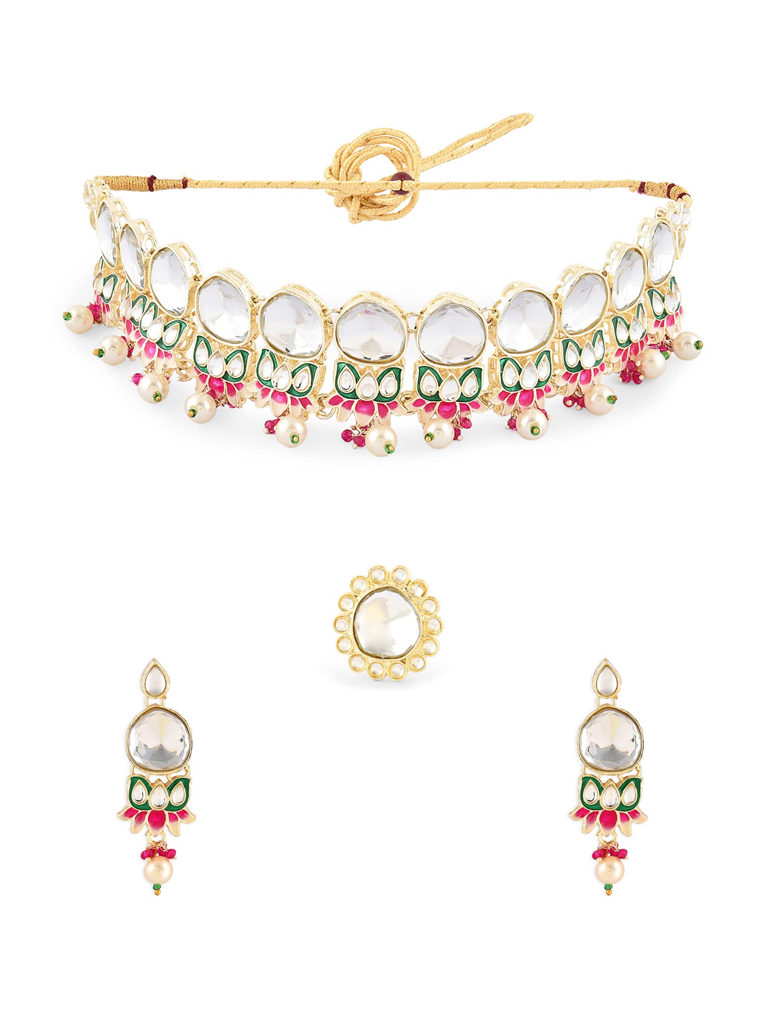 ZAVERI PEARLS Multicolor Meenakari Lotus Kundan Choker Necklace Earring & Ring Set For Women-ZPFK15941 (B0C4H3ZNF9) Amazon Price History, Amazon Price Tracker