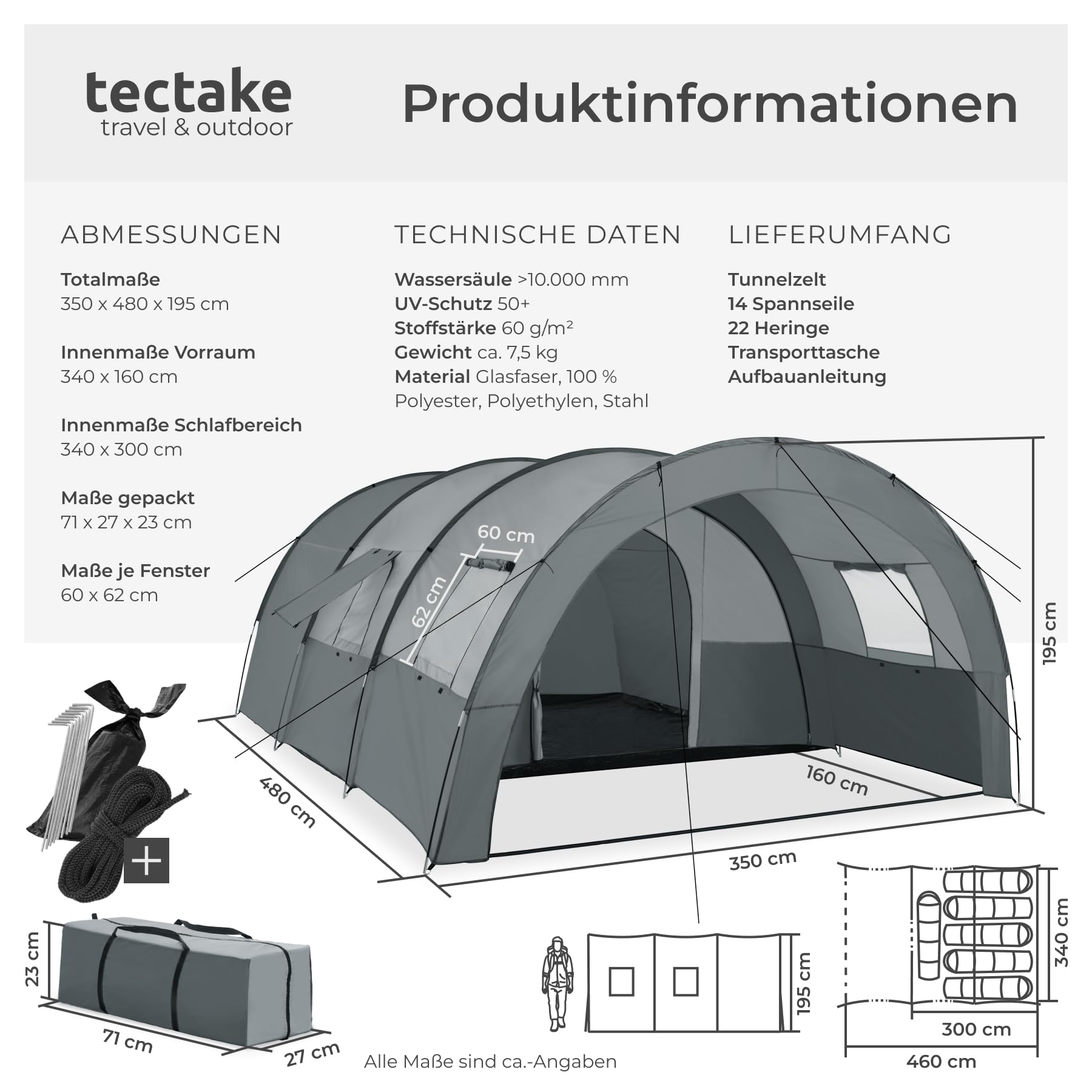 tectake® Tunnelzelt, 6 Personen, Familienzelt, Zelt groß mit Vorzelt und Bodenplane, UV-Schutz, Camping Zelt inkl. Tragetasche, 350 x 480 x 195 cm - dunkelgrau/hellgrau