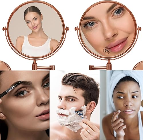 Miniatura 3 de RECKODOR Espejo de maquillaje de latón de 8 pulgadas con aumento, espejo de aumento de dos caras 5X montado en la pared, espejo extensible giratorio