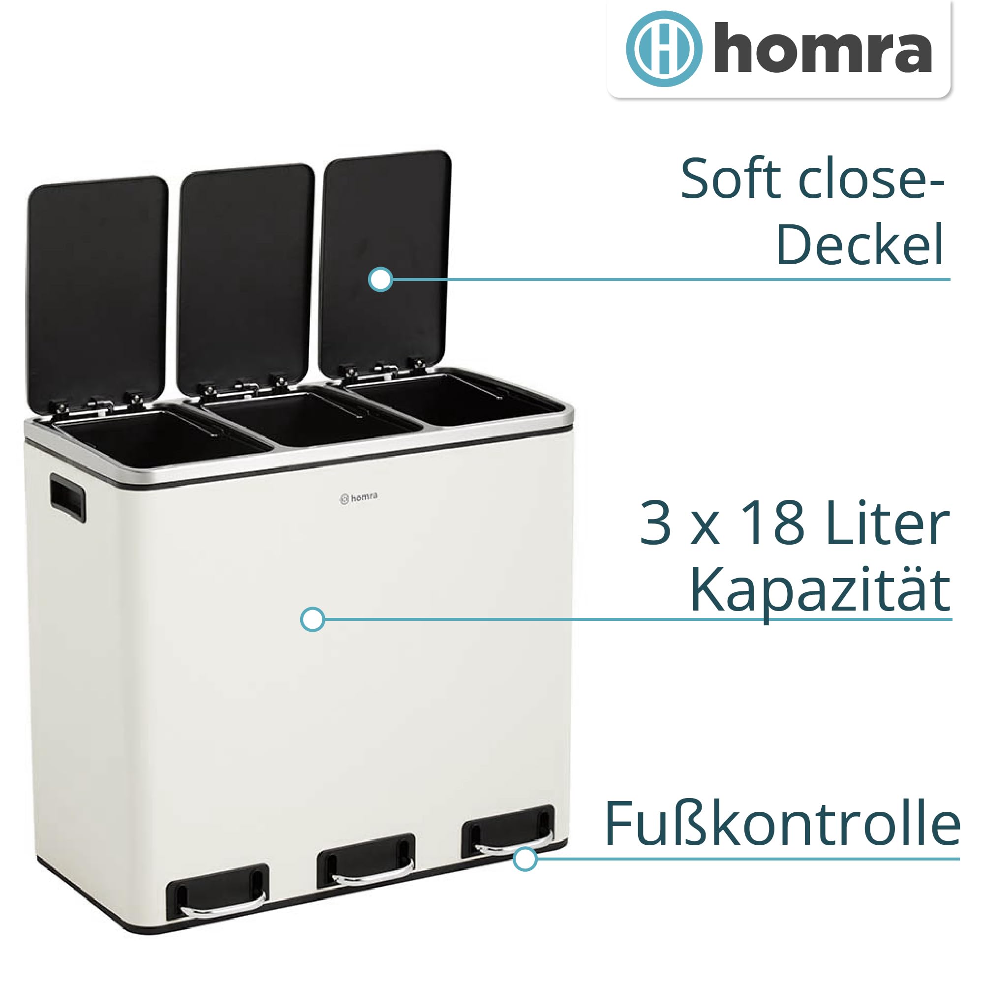 Homra Mülleimer Küche 3 Fächer Sparq 54l | Mülltrennsystem 3Fach | Edelstahl Treteimer 3x18 Liter | Trennsystem 3 Inneneimern | Abfall & Recycling | Abfalleimer Tretmülleimer Softclose | Cremeweiß
