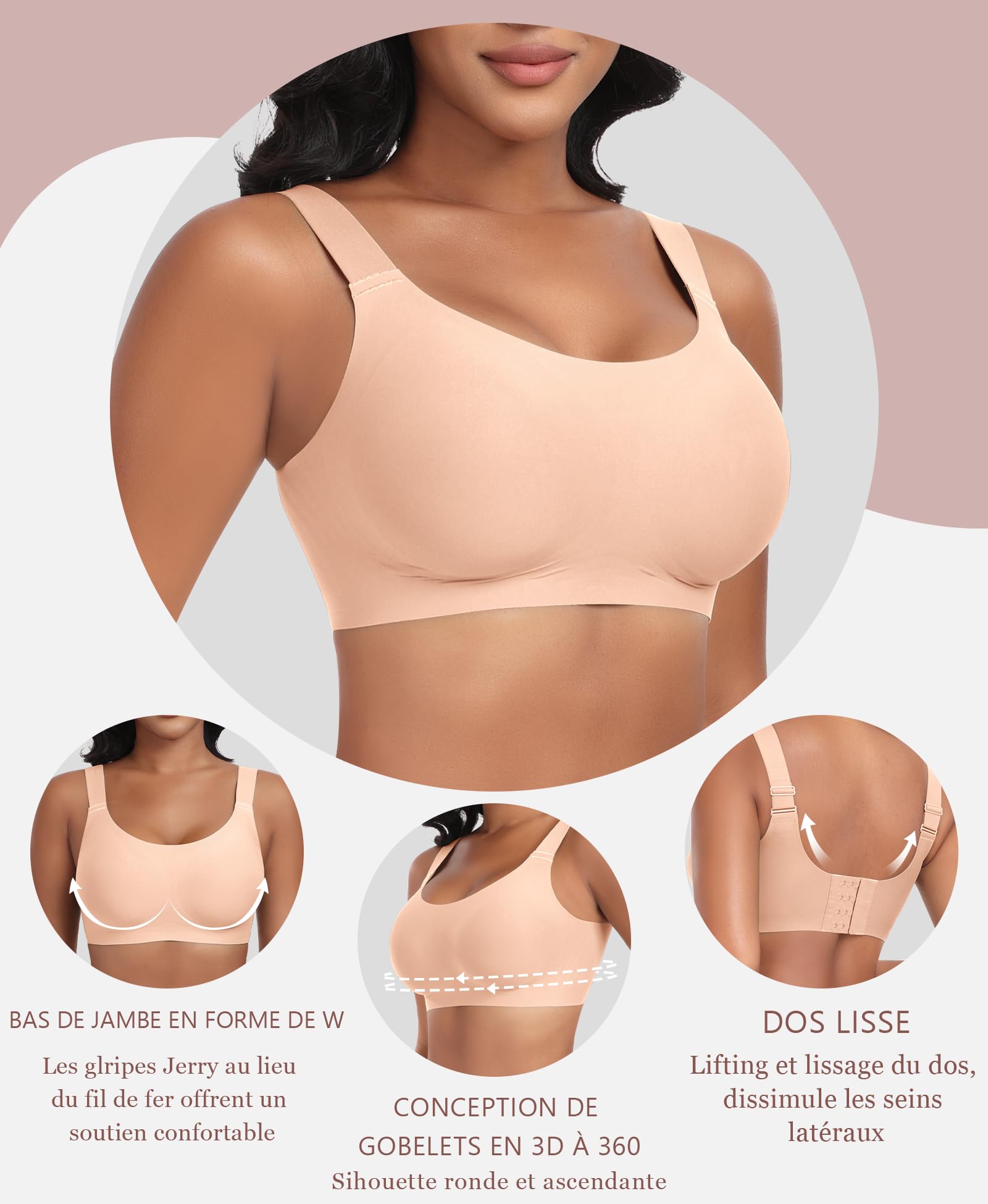 Ganado Soutiens-Gorge Femme sans Armature Confort Classiques Brassière avec Coussinets Col en U Brassiere sans Coutures
