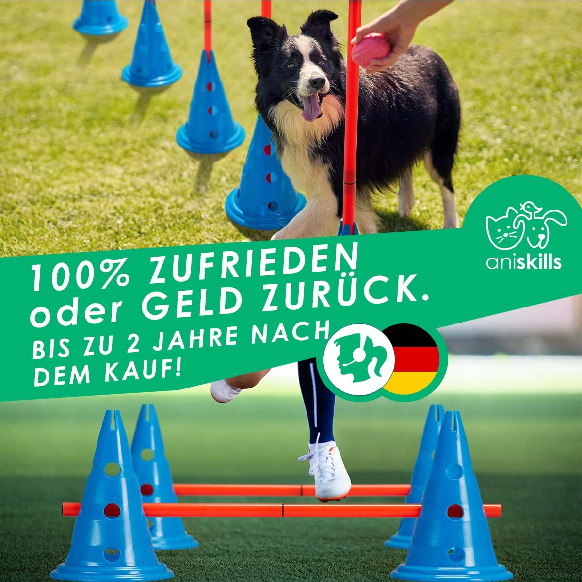 Premium Agility Set - 10 Blaue Kegel 30,5cm hoch, 5 orangene Stangen 80cm lang - Flexibles Koordinationstraining - Hunde Parcour und Hürden Set - Agility Set - deutsches Unternehmen