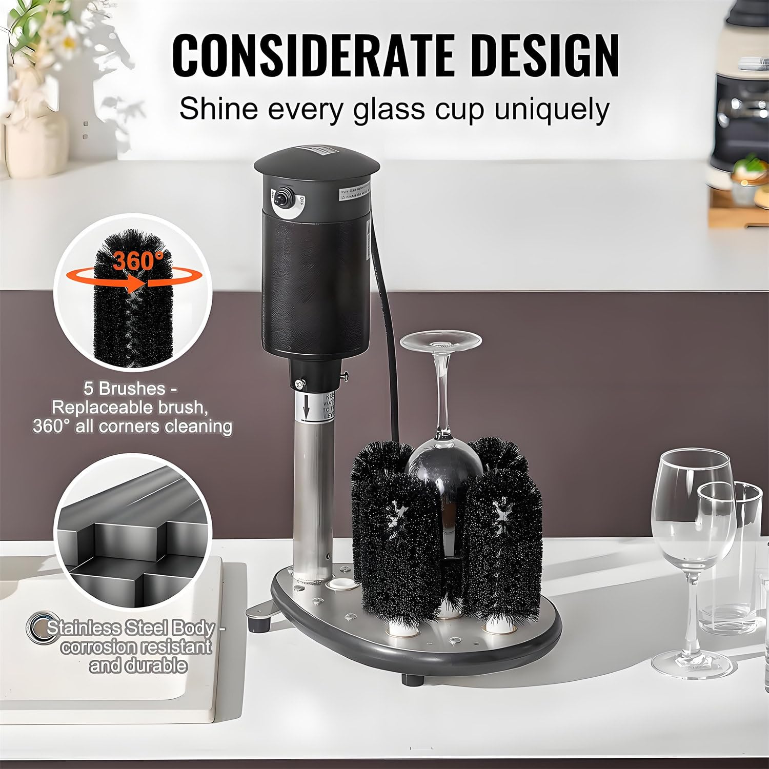 Lavadora de Vasos eléctrica Comercial de 1400 RPM con 5 cepillos extraíbles, para Vasos de Acero Inoxidable, Vertical y eléctrica.