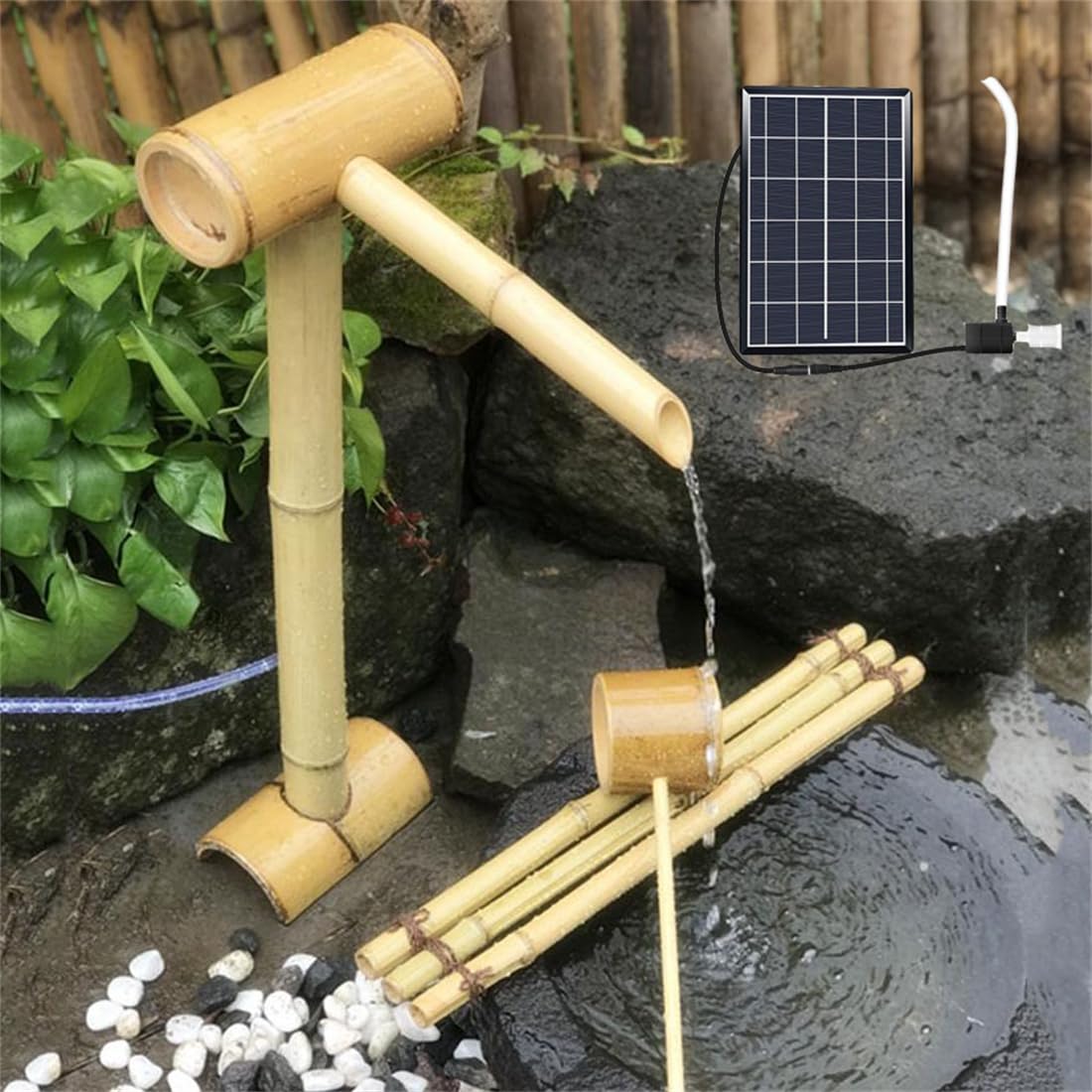 OTQEFTN Bamboo Solar Water Fountain, Zen Garden Decor with Pump & Solar Powered,Feng Shui Bamboo Accents Outdoor Bamboo Fountains,for Indoor Outdoor Backyard Lawn,70CM