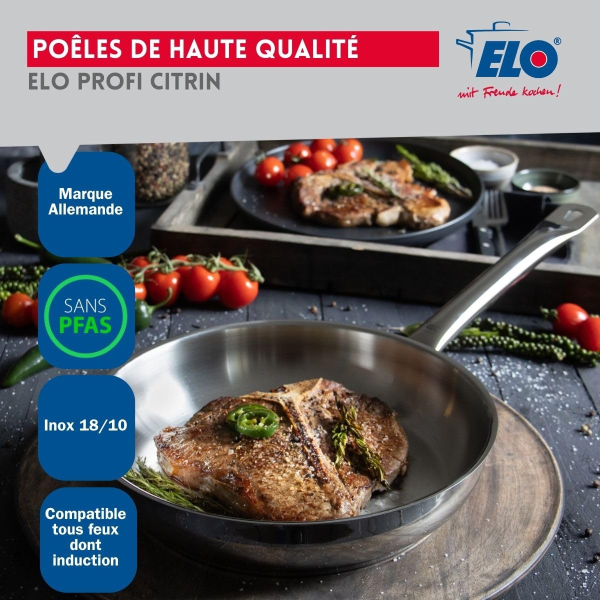 Elo Batterie cuisine 1 poêle 28 cm et 3 faitouts 14/16/20 cm