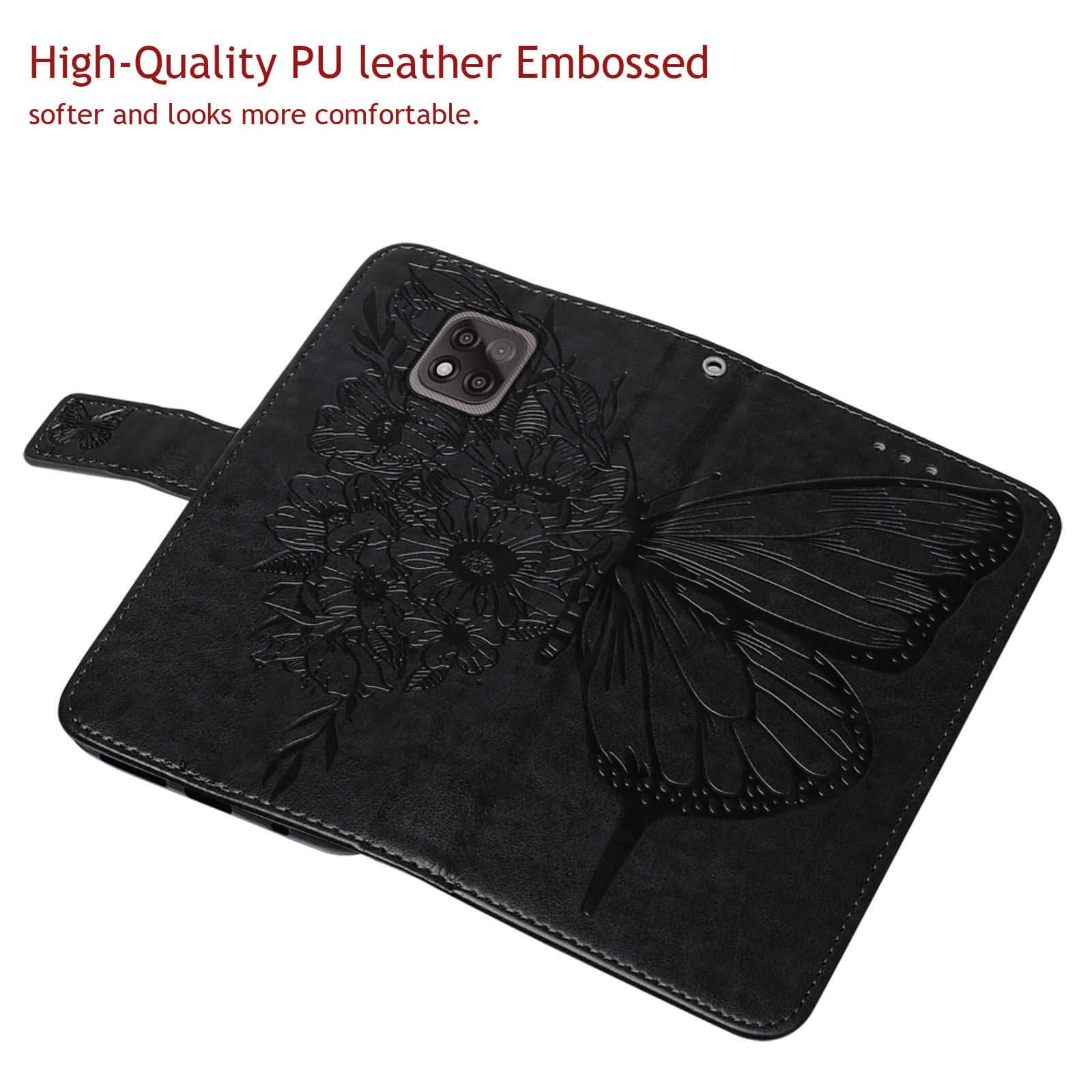 Moment Dextrad for Moto G Power 2021 Phone Case Wallet, Butterfly Floral Embossed, Wrist Strap, Card Holder Slots, Stand Leather Protective Flip Cover (Black)