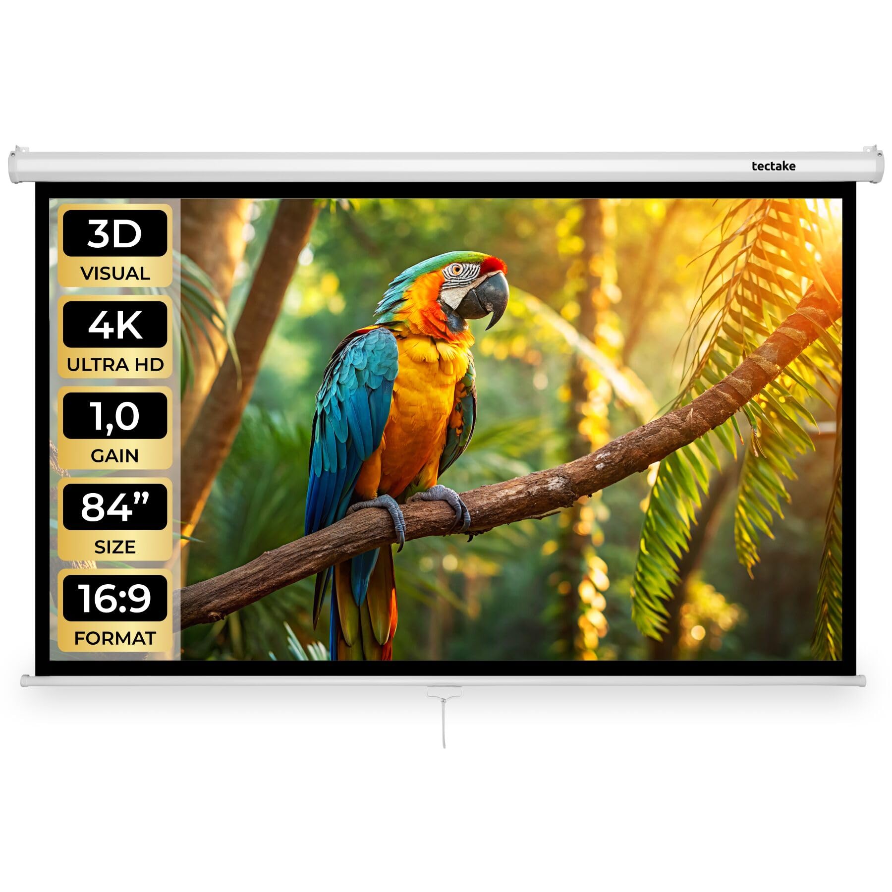 tectake® Pantalla Proyector Enrollable 84 Pulgadas16:9 para Instalación en Pared o Techo, Pantalla para Proyector HD, Tela Proyector Extensible y Lavable - 201 x 128 cm