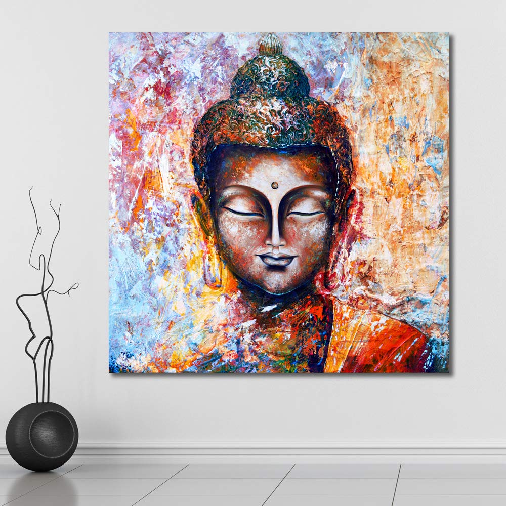 999STOREUnframed Large Printed Buddha face with Hand Religious Canvas Painting (36X36 Inch, Multicolour )