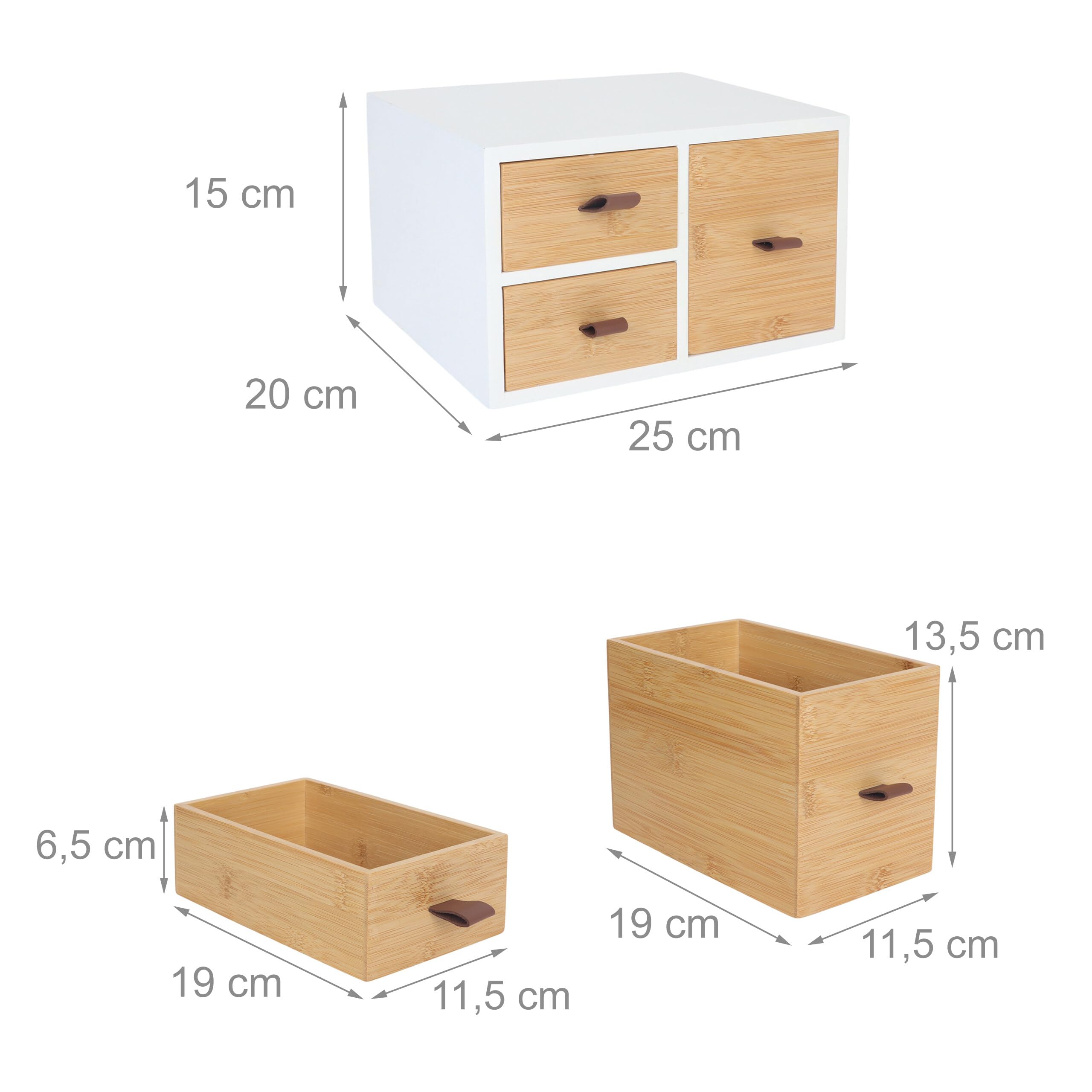 Boîte à tiroirs Relaxdays en Bambou et MDF, 3 tiroirs, H x L x P : 15 x 25 x 20 cm, Organiseur de Bureau, Blanc/Nature