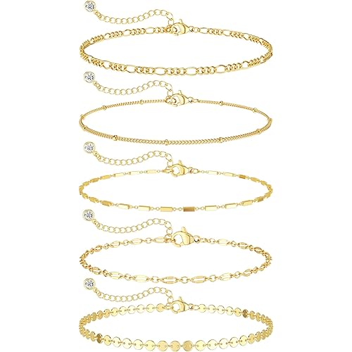 DEARMAY 14K Gold Plated Bracelets for Women, Jewelry Sets Cute Tennis Beaded Bracelets Cuban Link Paperclip Chain Dainty Bracelet Pack Gifts