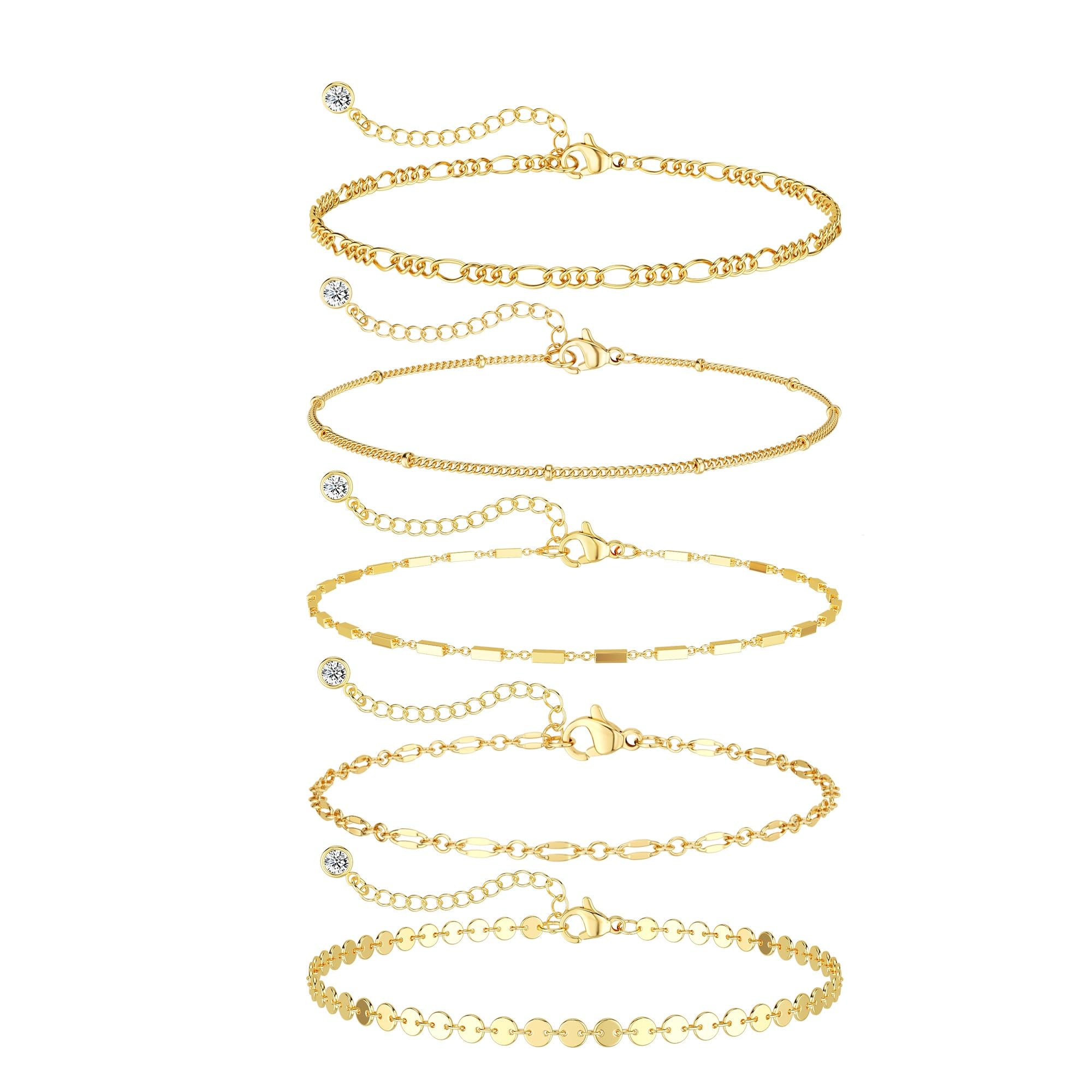 Dainty Gold Bracelets for Women Waterproof, Stackable 14K Gold Plated Waterproof Rope Cuban Snake Paperclip Figaro Link Chains, Non Tarnish Jewelry Set Gifts