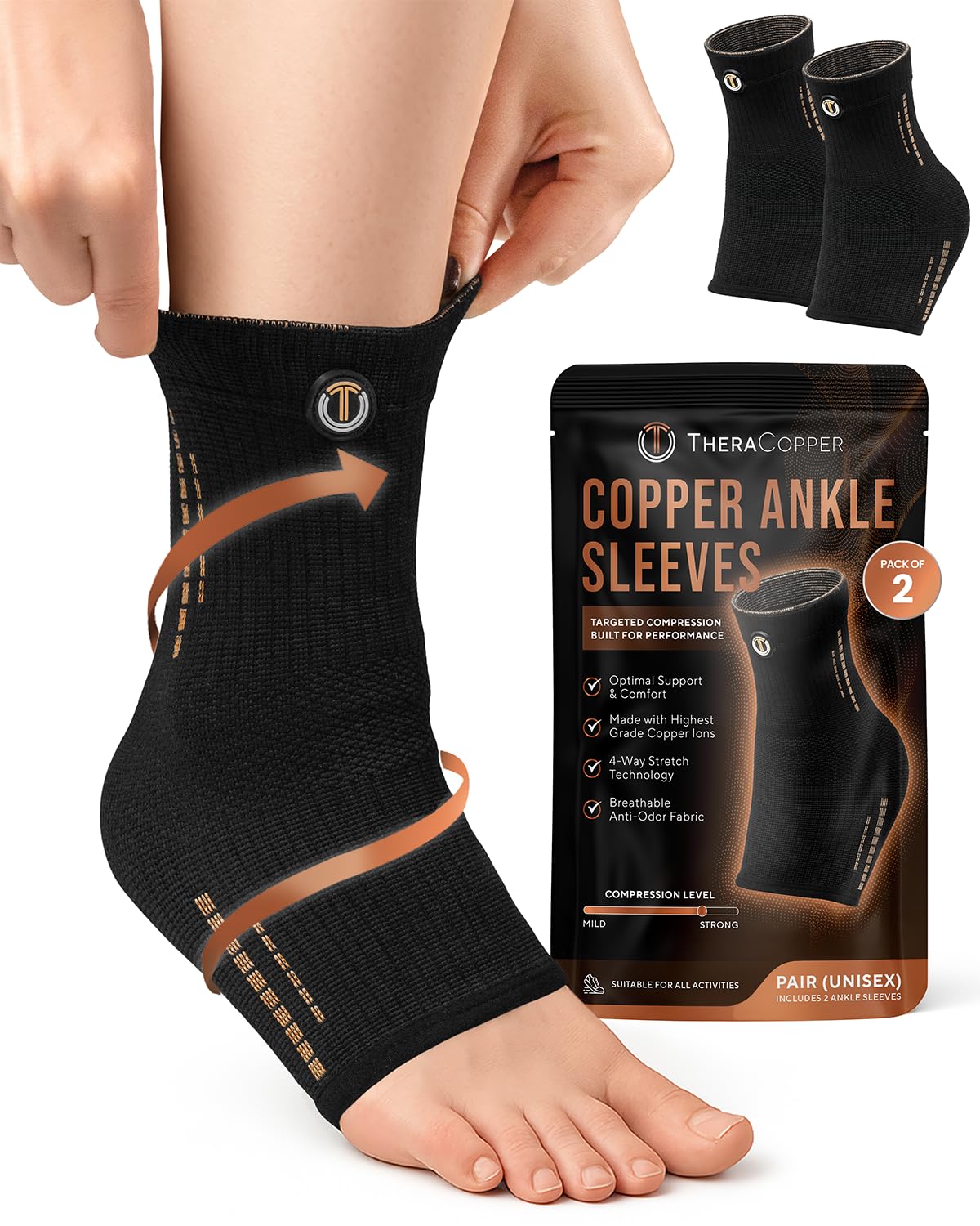 Product image of Copper Ankle Brace (2 Pack) — Compression Ankles Brace for Men & Women — Infused Copper Ankle Sleeve Compression Support for Pain Relief, Swelling, Sprains, Achilles Recovery & Sports
