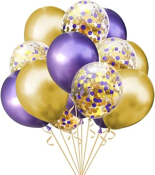 Purple Gold Balloons, Purple and Gold Metallic Chrome Confetti Latex Balloon for Party Decorations,12 Inch,Pack of 50