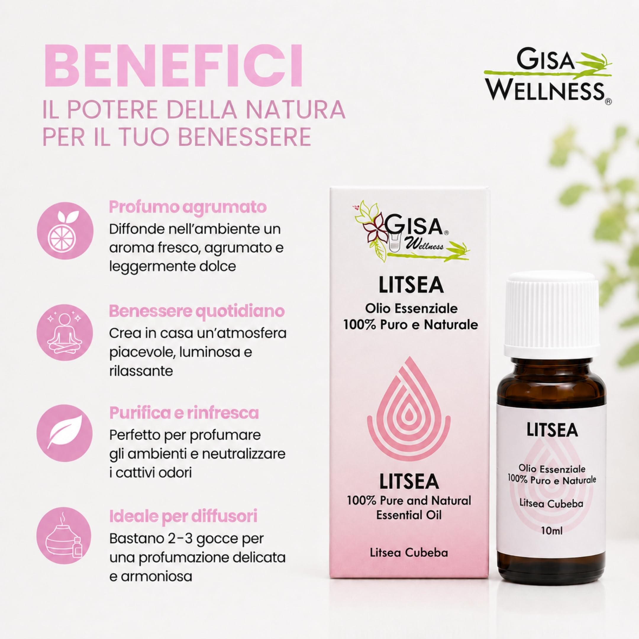 Olio Essenziale di Litsea Convenzionale Profumo Ambiente 10ml, 100% Naturale e Puro, Olio di Litsea Cubeba per Aromaterapia e Diffusori, Made in Italy
