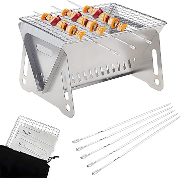 Portable BBQ Grill with 5 Pcs Barbecue Forks, Charcoal, Silver, Stainless Steel, Foldable, Indoor & Outdoor, Camping, Travel