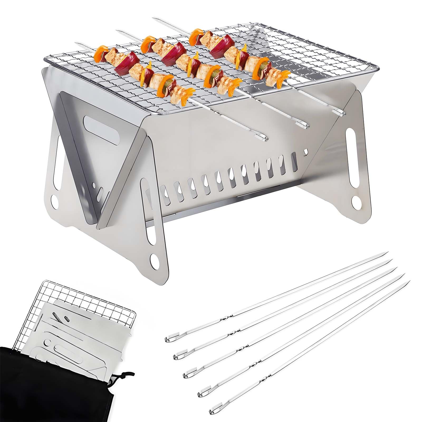 FZYCOM Portable BBQ Grill with 5 Pcs Barbecue Forks, Charcoal, Silver, Stainless Steel, Foldable, Indoor & Outdoor, Camping, Travel