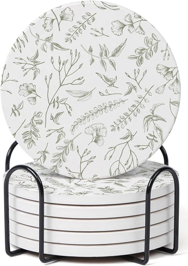 Set of 6 Floral Sage and White Coasters with Holder, Absorbent Ceramic Drink Coasters with Cork Backing for Table Protection, Coffee Table Décor