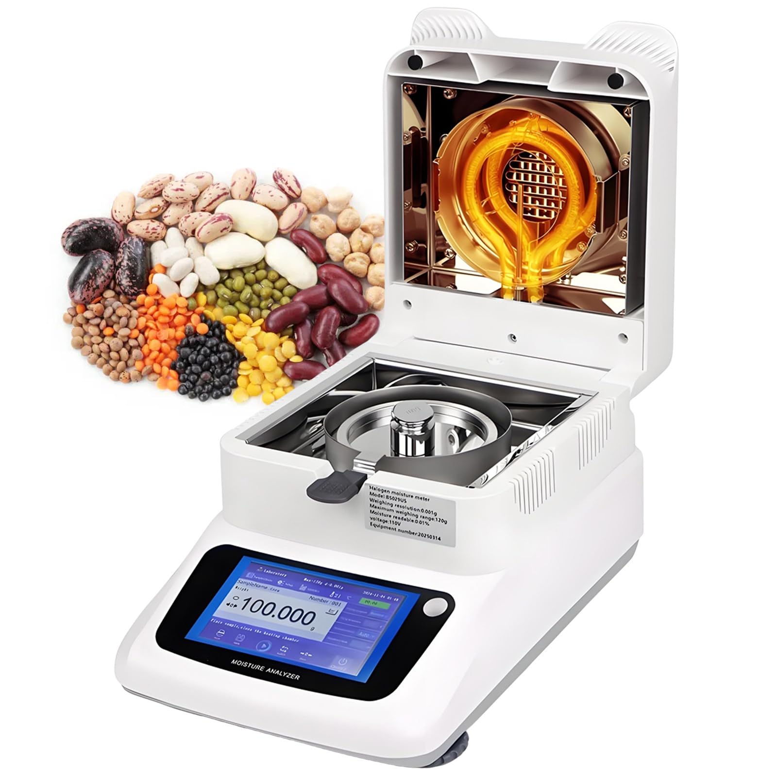 vnmudzeo Compact Halogen Moisture Meter,40-230°C Fast Heating & Drying,Lab Moisture Balance Analyzer,Φ100mm Sample Tray,for Grains Feed 0.005g