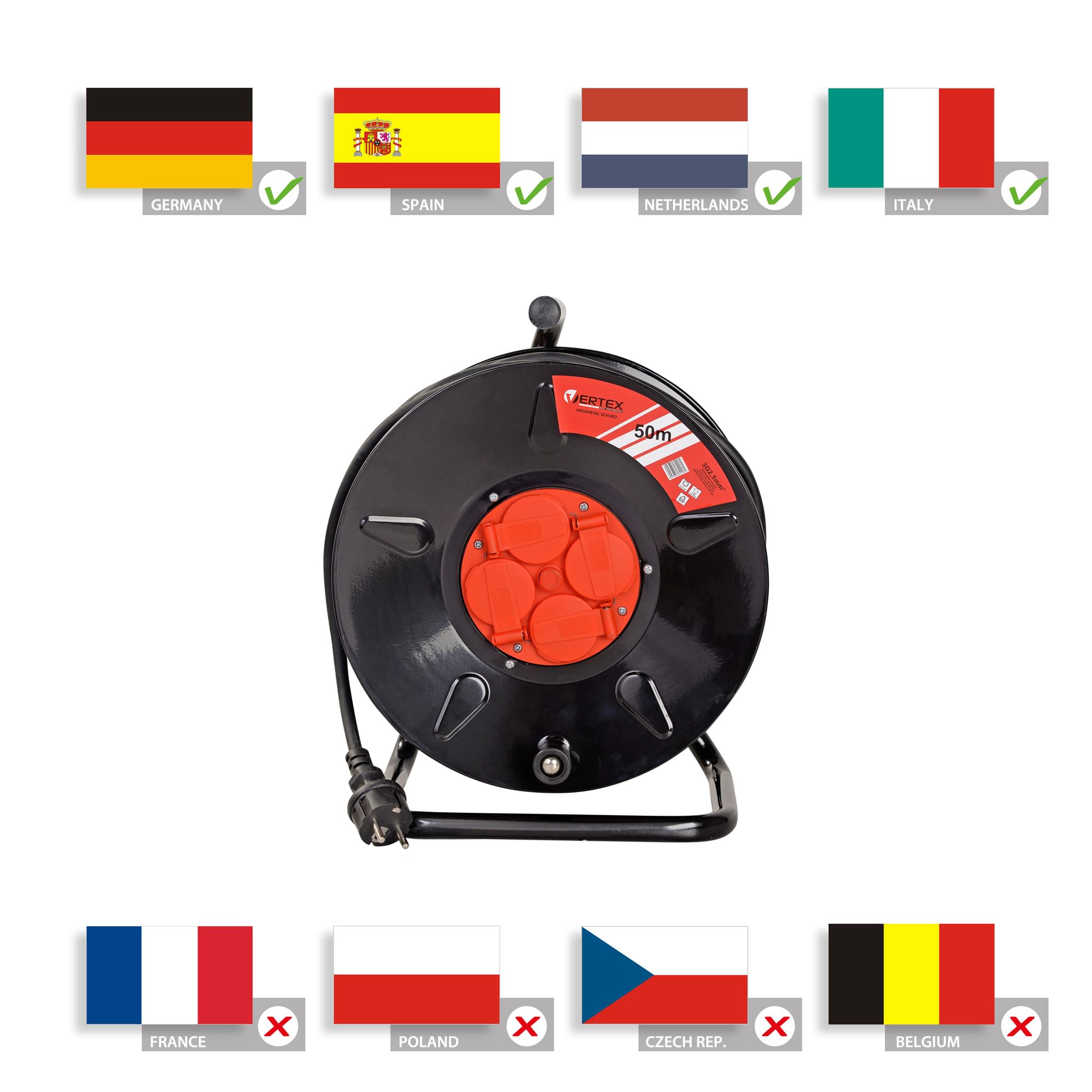 VERTEX Cable Alargador En Carrete PB50METAL,IP44,Conexión A Tierra SCHUKO 4 Tomas,Cable Duradero,Tiene Fusible Térmico,Para Uso Interior Y Exterior,flexibles