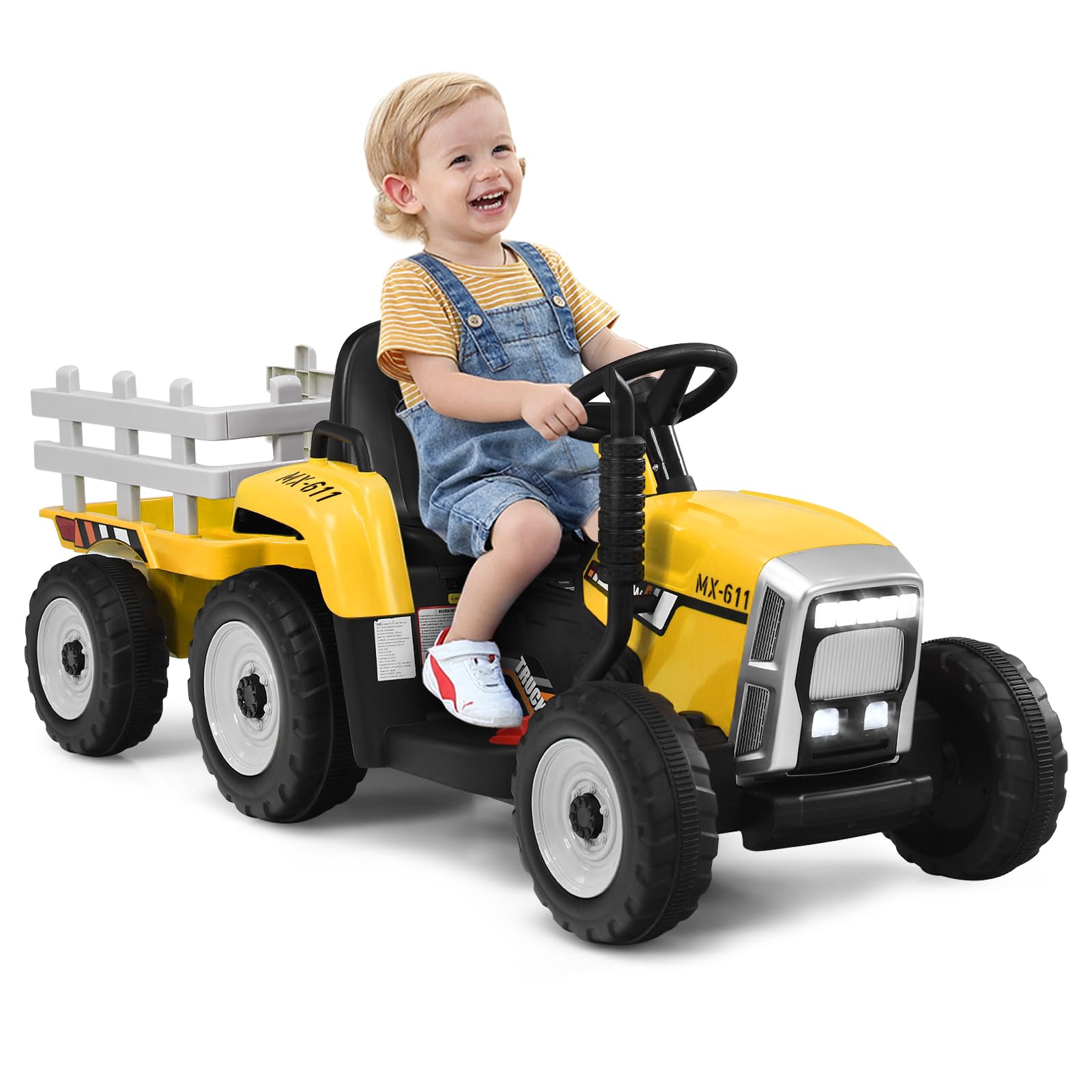 Kids Electric Tractor and Trailer, Ride on Tractor with USB & Bluetooth, Toddler 4 Wheels Ride on Toy Car for 3+ Years (Yellow with Remote Control)