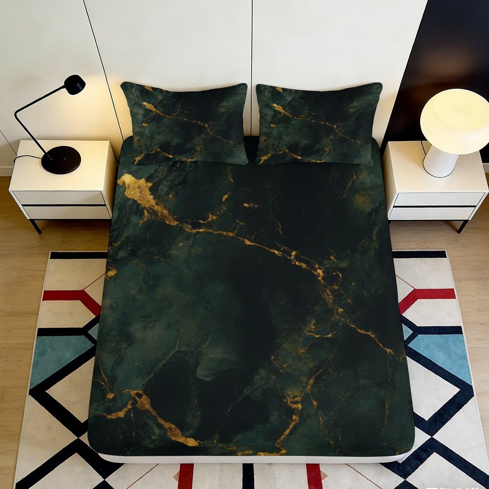 3D Printed Black Marble Fitted Sheet Microfiber Durable Soft 3D Gold Vein Mattress Cover for Bedroom Dormitory Guest Room Mattress Protection Decor 160x200x25cm