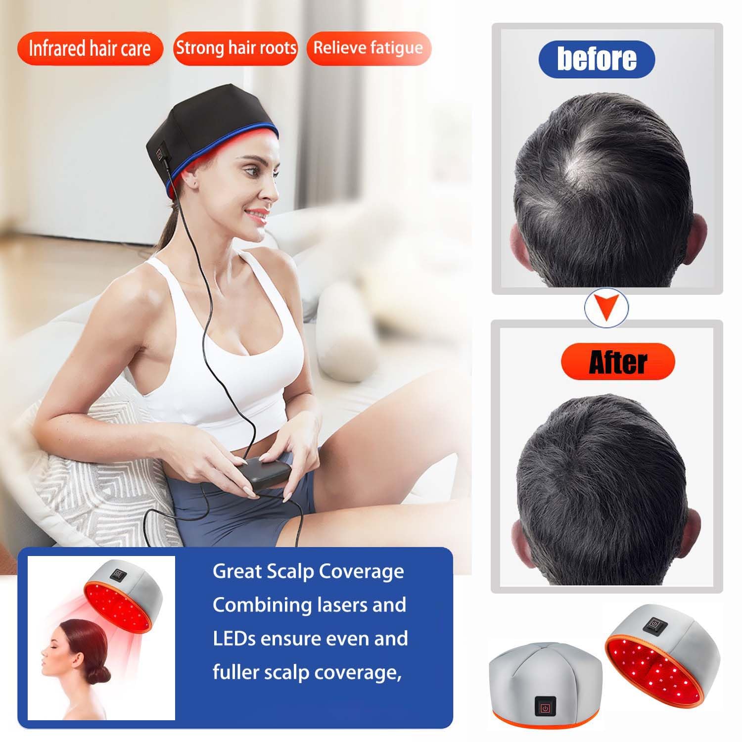 Sistema De Crecimiento Del Cabello Terapia De Luz Roja Tratamiento De Pérdida De Cabello Gorra De Cuidado Del Cabello,Terapia de luz infrarroja for Adelgazar el Cabello. (negro)