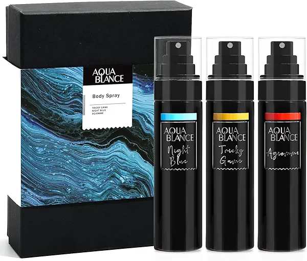 AQUA BLANCE Body Spray For Men, Mens Body Spray, Deodorant For Men Refreshing Fragrance Mist, Pack of 3, Each 3.4 Fl Oz, Tricky Game, Blue, Agiomme