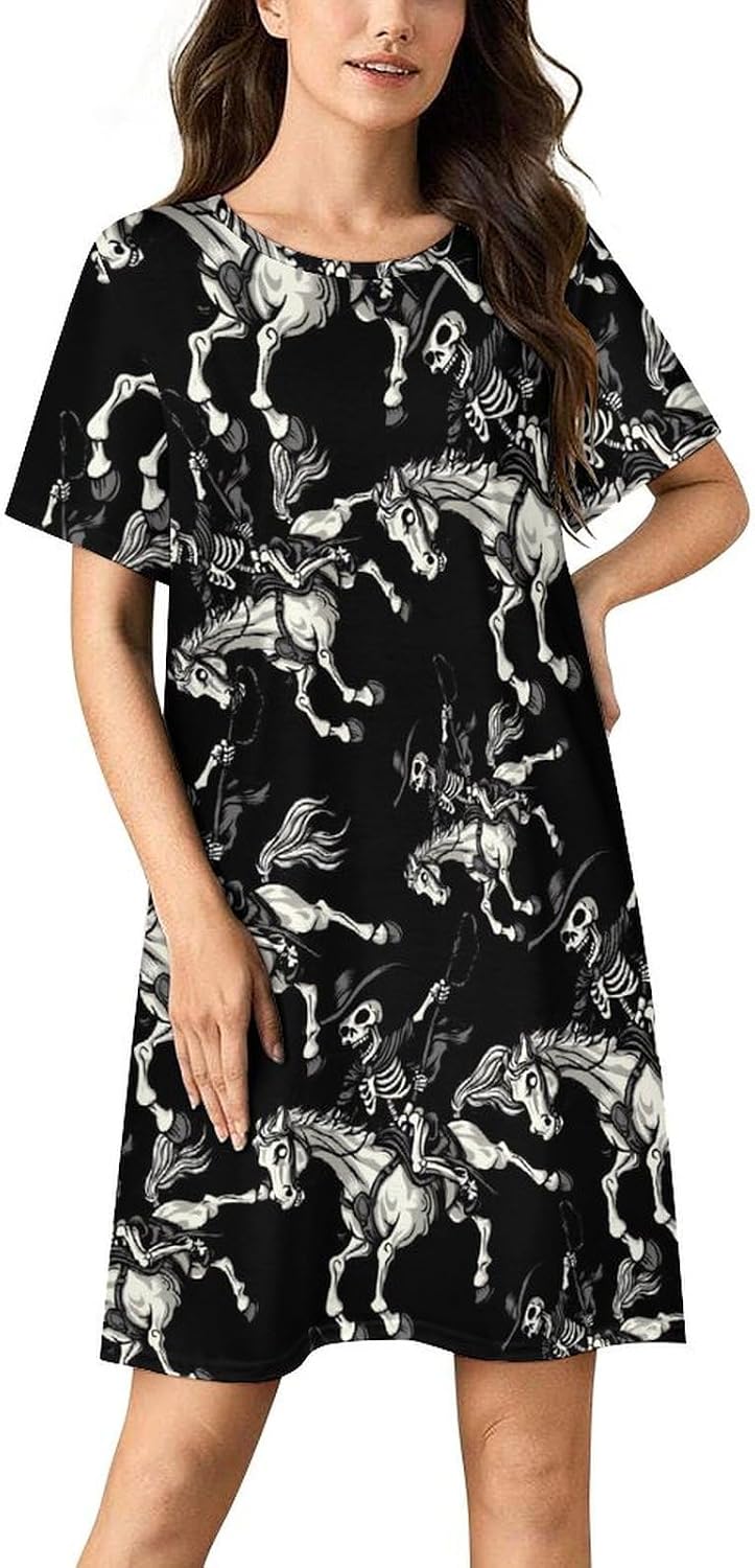 Skeleton Riding Horse Print Night Shirts for Women Soft Nightgowns Short Sleeve Sleep Dress Pajamas Sleepwear