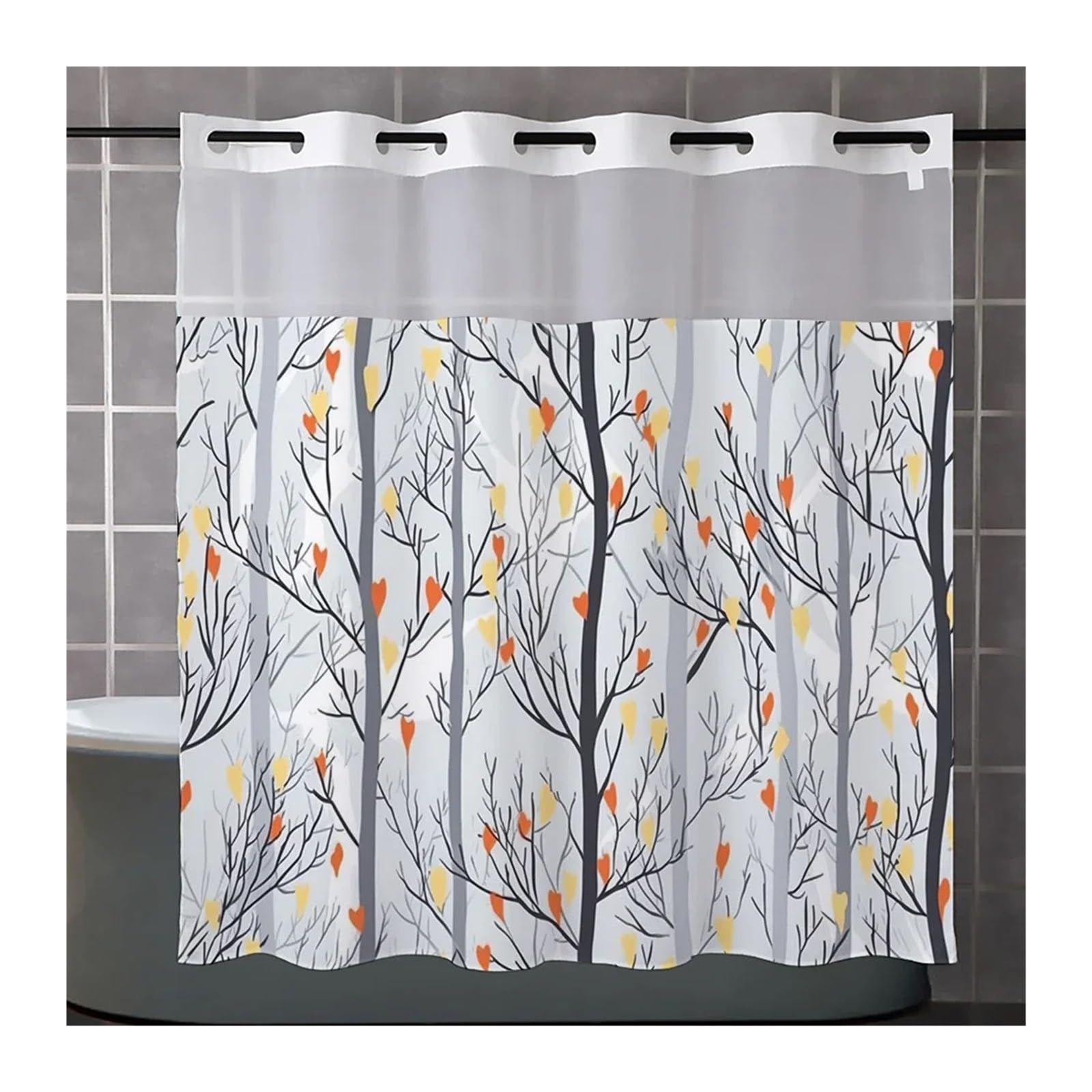 CSSHNL Shower Curtain No Hook plant pattern Shower Curtain With Snap-in Fabric Liner, Sheer Top Window, Waterproof Double Layer Bathtub curtain