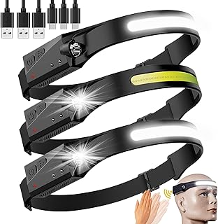 Rechargeable LED Headlamp 3 Packs,COB230° Wide Beam Headlamps, 5 Modes of Lightweight Headlamps with Motion Sensors, Type-C USB Charging Headlamps,Suitable for Night Running,Fishing, Cycling, Camping