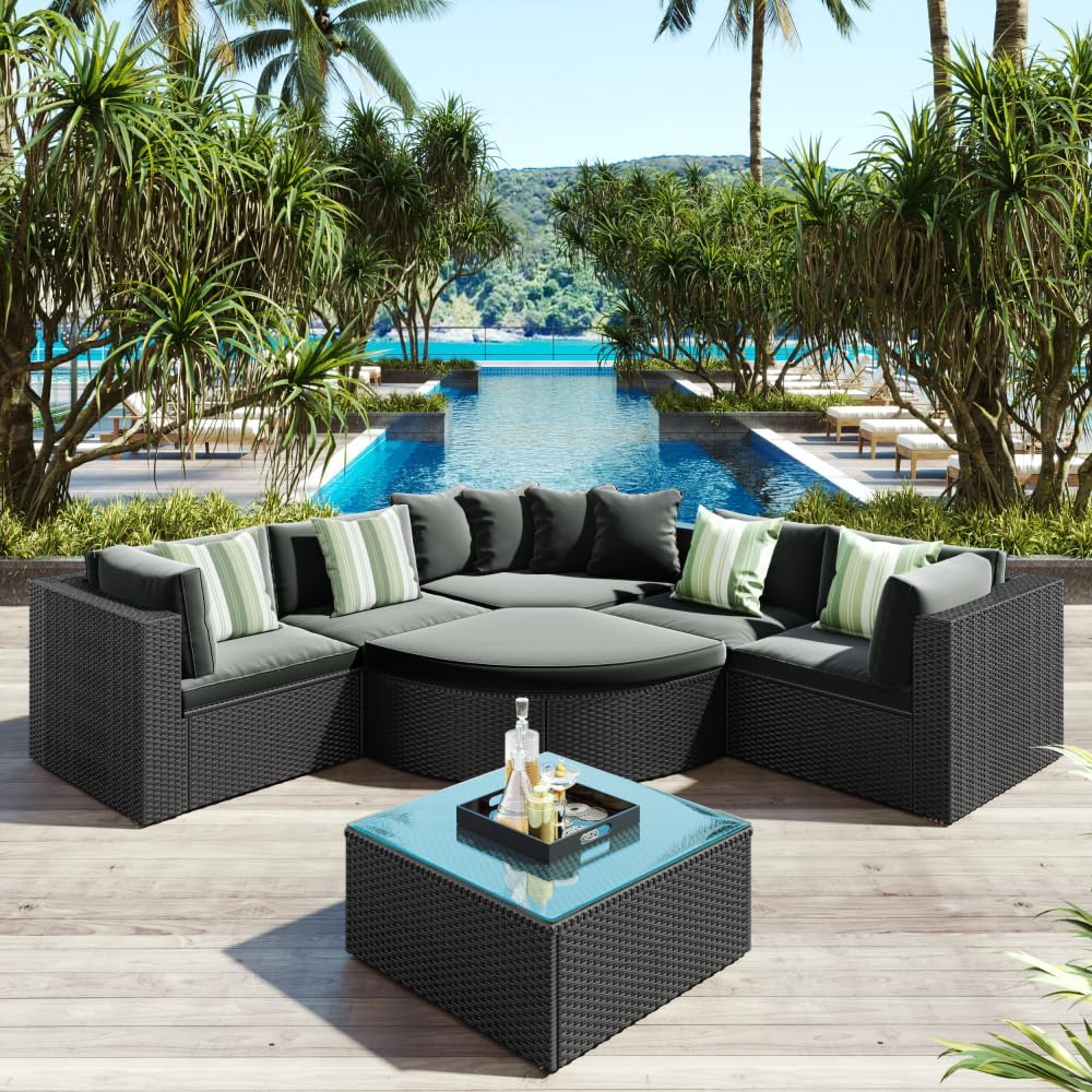 GO 7-Piece Outdoor Wicker Sofa Set, Rattan Sofa Lounger, with Striped Green Pillows, Conversation Sofa, for Patio, Garden, Deck, Black Wicker, Gray Cushion