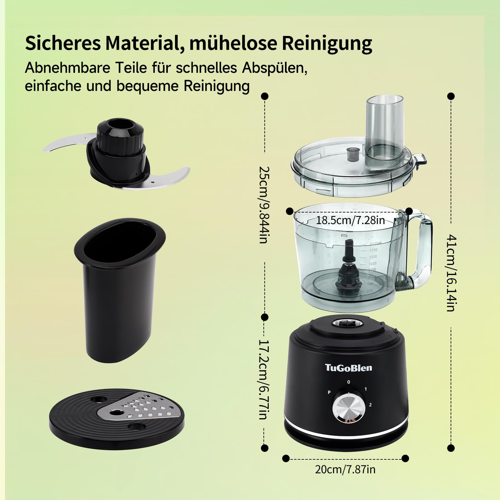 7-in-1 Küchenmaschine mit 2,5L-Verarbeitungsbehälter, 1,5L-Glasmixer, 200ml-Glasmühle, Knet- und S-Klingen, Reibe-, Schneide- und Pommes-Frites-Klingen zum Kochen,für Smoothies und Gewürze