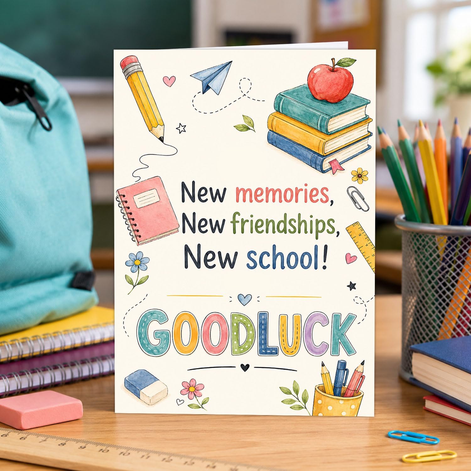 New memories New friendships Good Luck Back to School Card Motivation Welcome First Day of School Year Gift for Boys Girls Students Teacher Card Gifts Supplies Grade Class Greeting Cards 5.3''x8" image 3