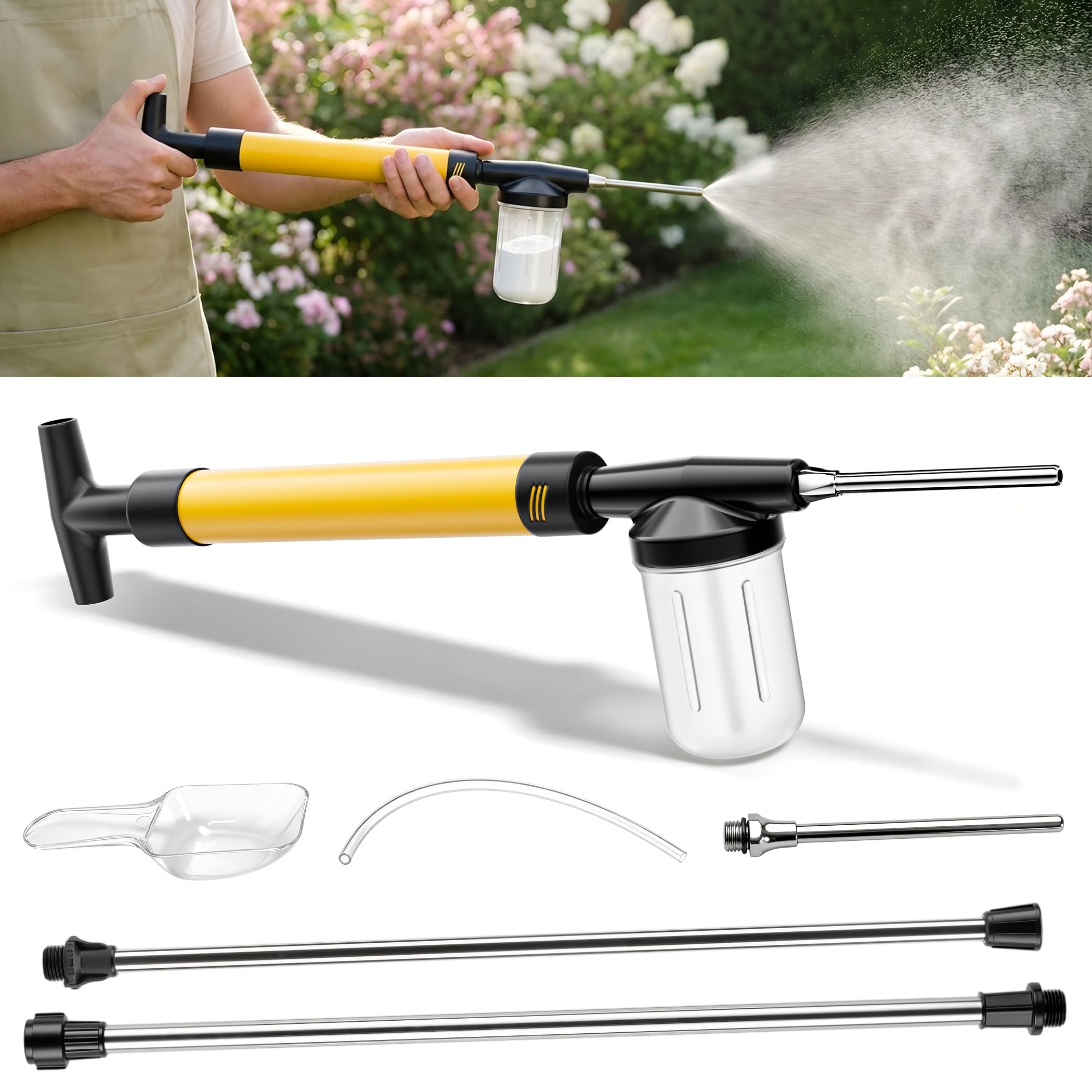Adjustable Powder Duster with 4 FT Extension Pole, Manual Pump Sprayer for Diatomaceous Earth and Fine Garden Powder, Handheld Dispenser Tool for Home and Yard Maintenance (Yellow)