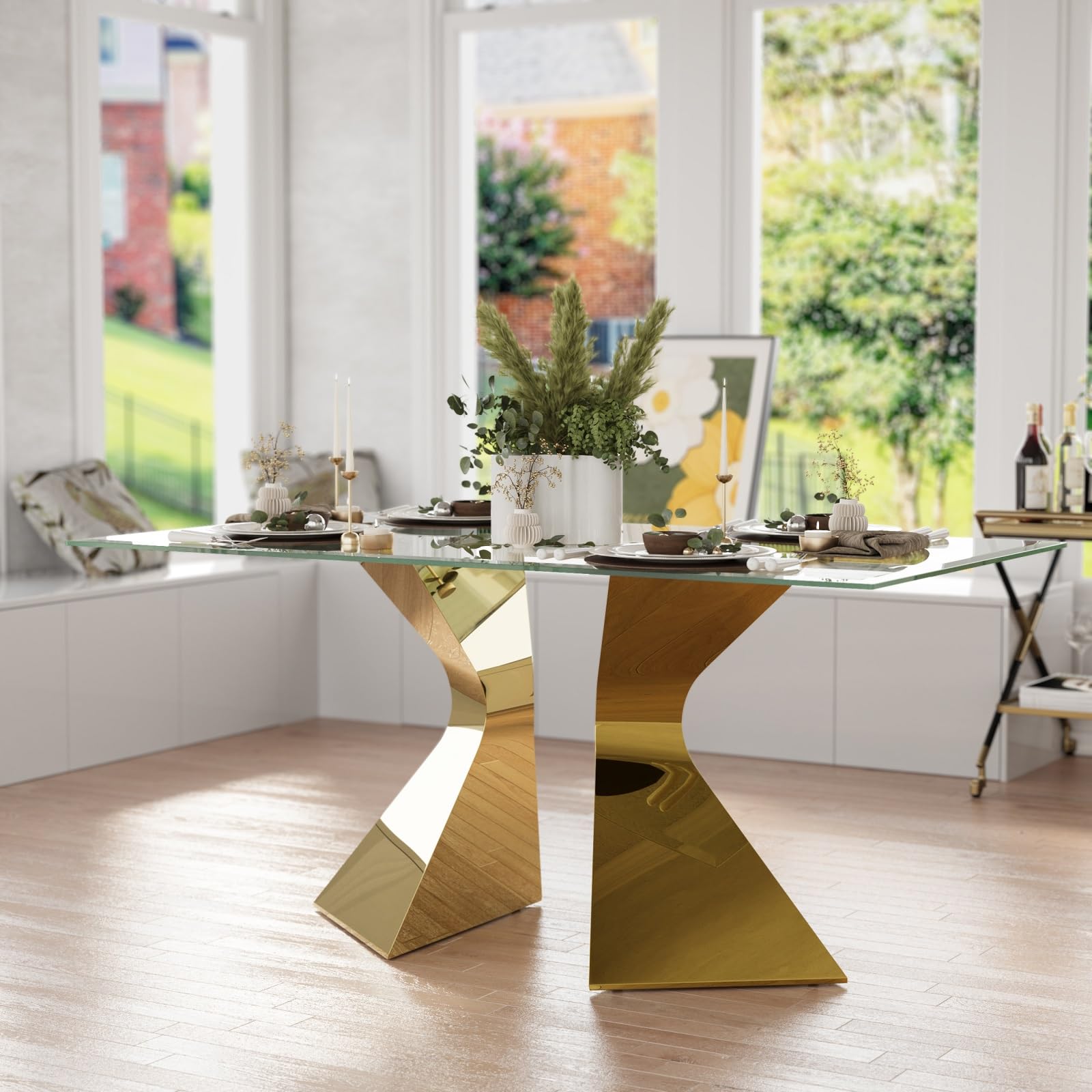 Anewsun 63in Gold Dining Table, Rectangular Glass Dining Table for 4-6 with Waved Legs in Polished Gold Chrome Finish, for Luxury Kitchen, Dining Room