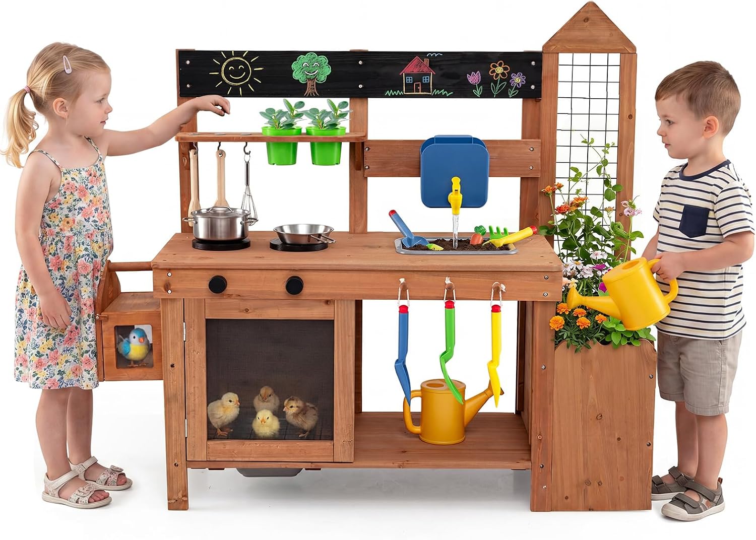 Costzon Mud Kitchen, Solid Wood Toddler Play Kitchen w/Detachable Bird Cage, Planter, Includes Trellis, 2 Sinks, Stoves & 14 Accessories,Outdoor Mud Kitchen for Kids, Gift for Boys Girls Aged 3+