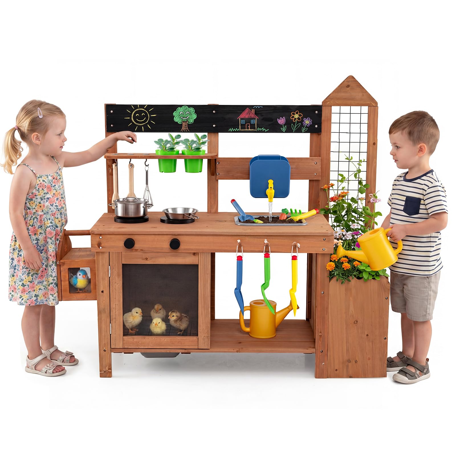 COSTWAY Cucina Giocattolo in Legno per Bambini 3+ Anni, 112 x 40 x 101 cm | Cucinetta Montessori da Esterno con 2 Gabbie, Fioriera, Lavagna e Accessori, con Armadietto, Ripiani e Ganci, Giocare Sabbia