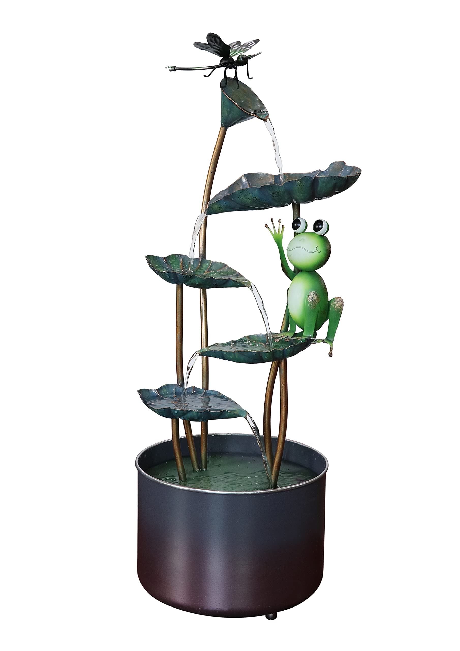 HOSERIMO 37" Tall Rustic Tin Frog and Dragonfly with Lotus Leaf Water Fountain Decking