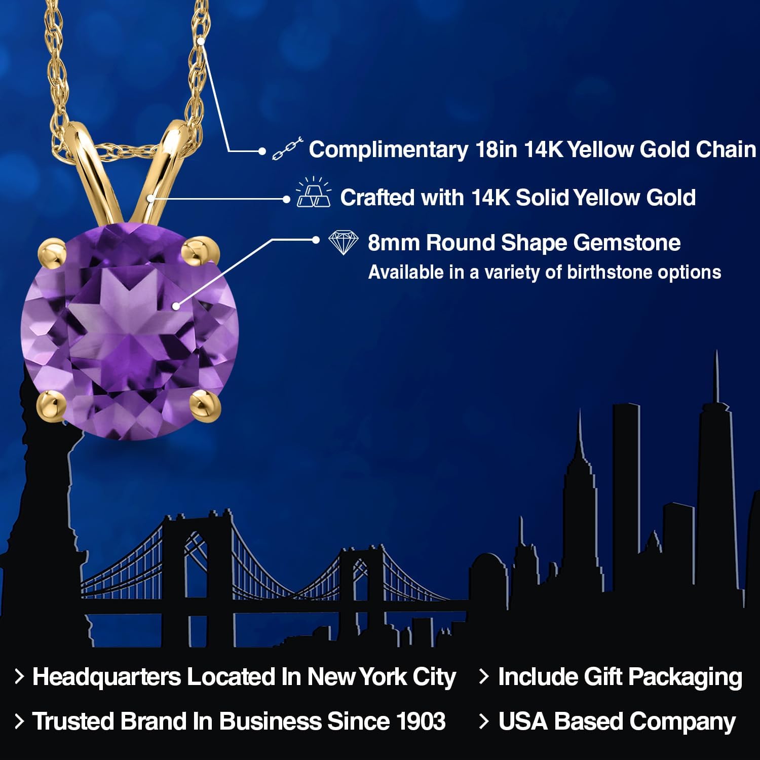 Gem Stone King 14K Yellow Gold Purple Amethyst Pendant Necklace for Women | 1.70 Cttw | Gemstone February Birthstone | Round 8MM | With 18 Inch Chain - Image 2