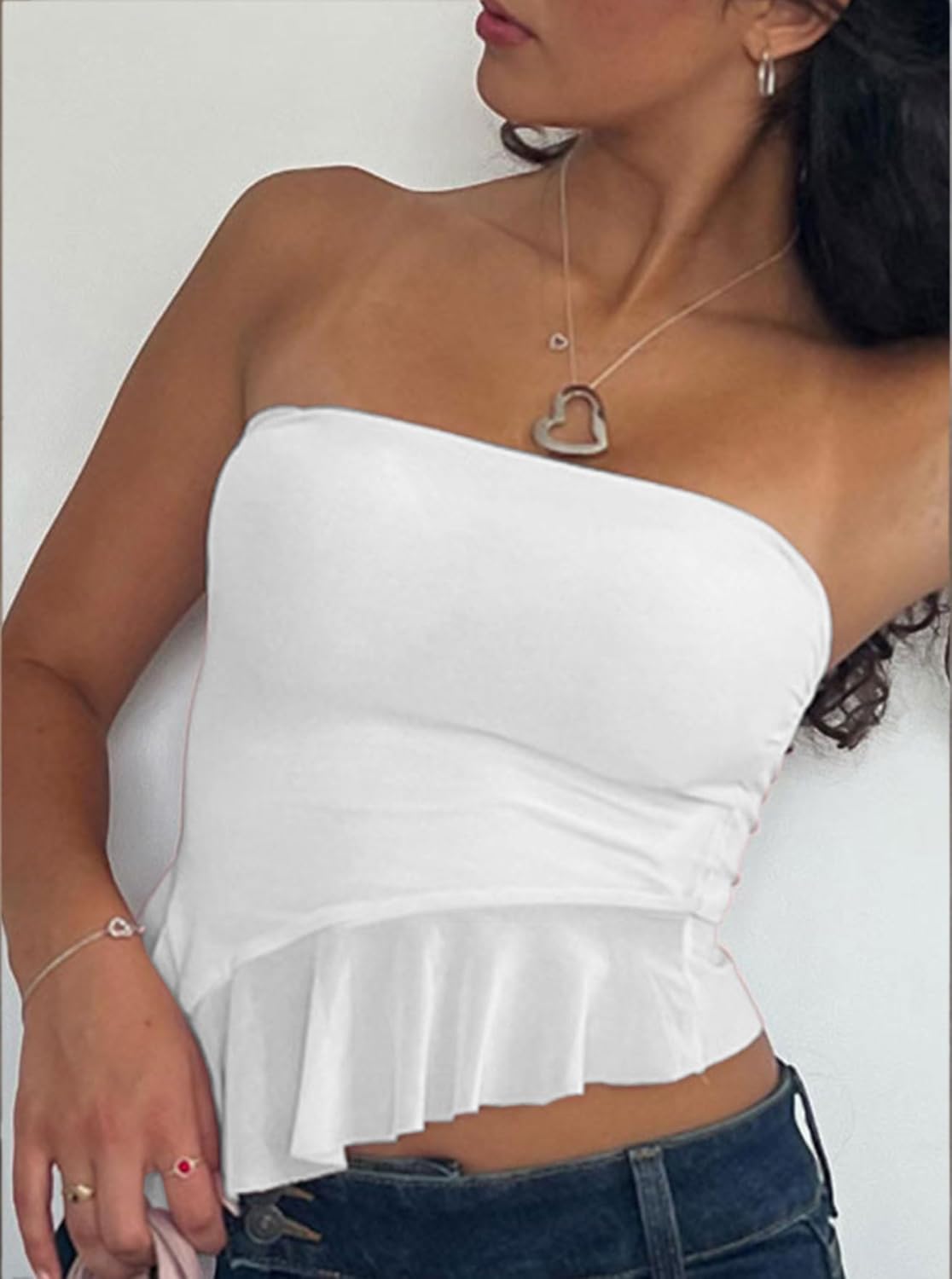 Remidoo Tube Tops for Women Sexy Sheer Mesh Strapless Top Asymmetrical Hem Ruffle Cropped Shirt - Image 7