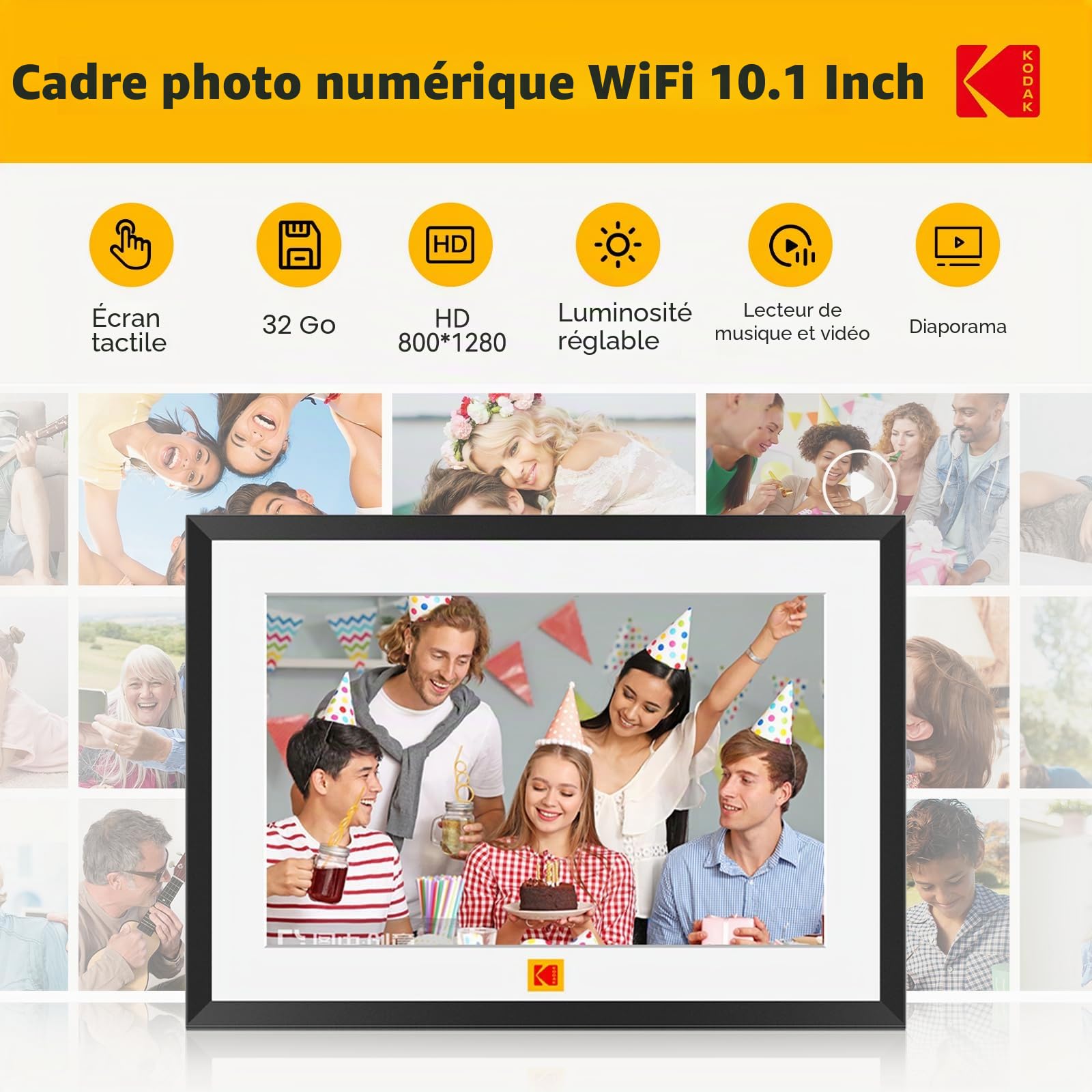 Kodak Cadre Photo Numérique vec Batterie, Cadre Photo Numériqu WiFi 10,1 Pouces WiFi (32 Go), Écran Tactile IPS HD 1280x800 - Rotation Automatique, Cadre Photo Connecté pour Famille Noir