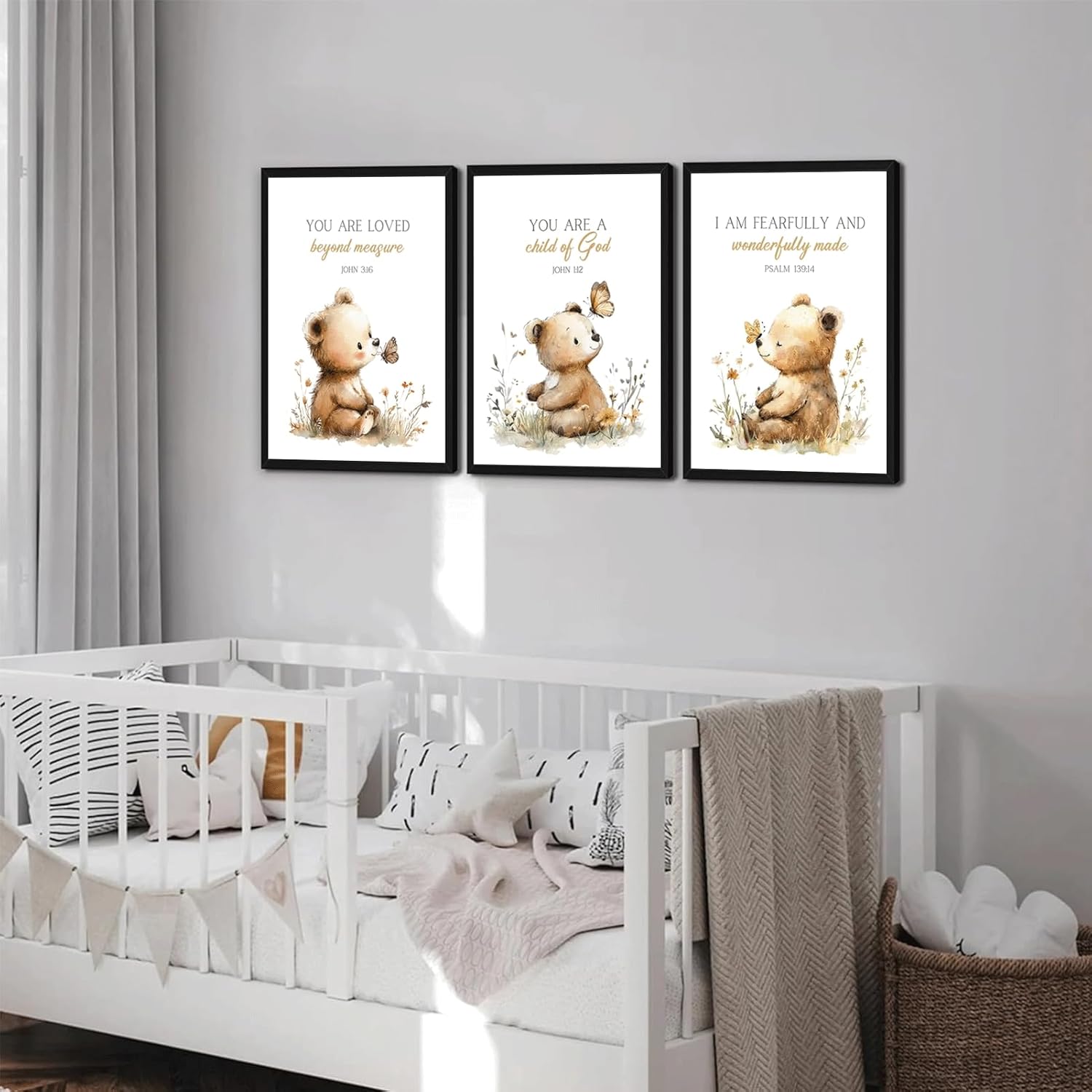 3Pcs Nursery Animal Bible Verse Wall Art Cute Bear Butterfly wildflowers Teddy Bear pictures Christian Baby Nursery Posters Prints for Kids Boys Girls Room Home Decoration 16x24in Unframed